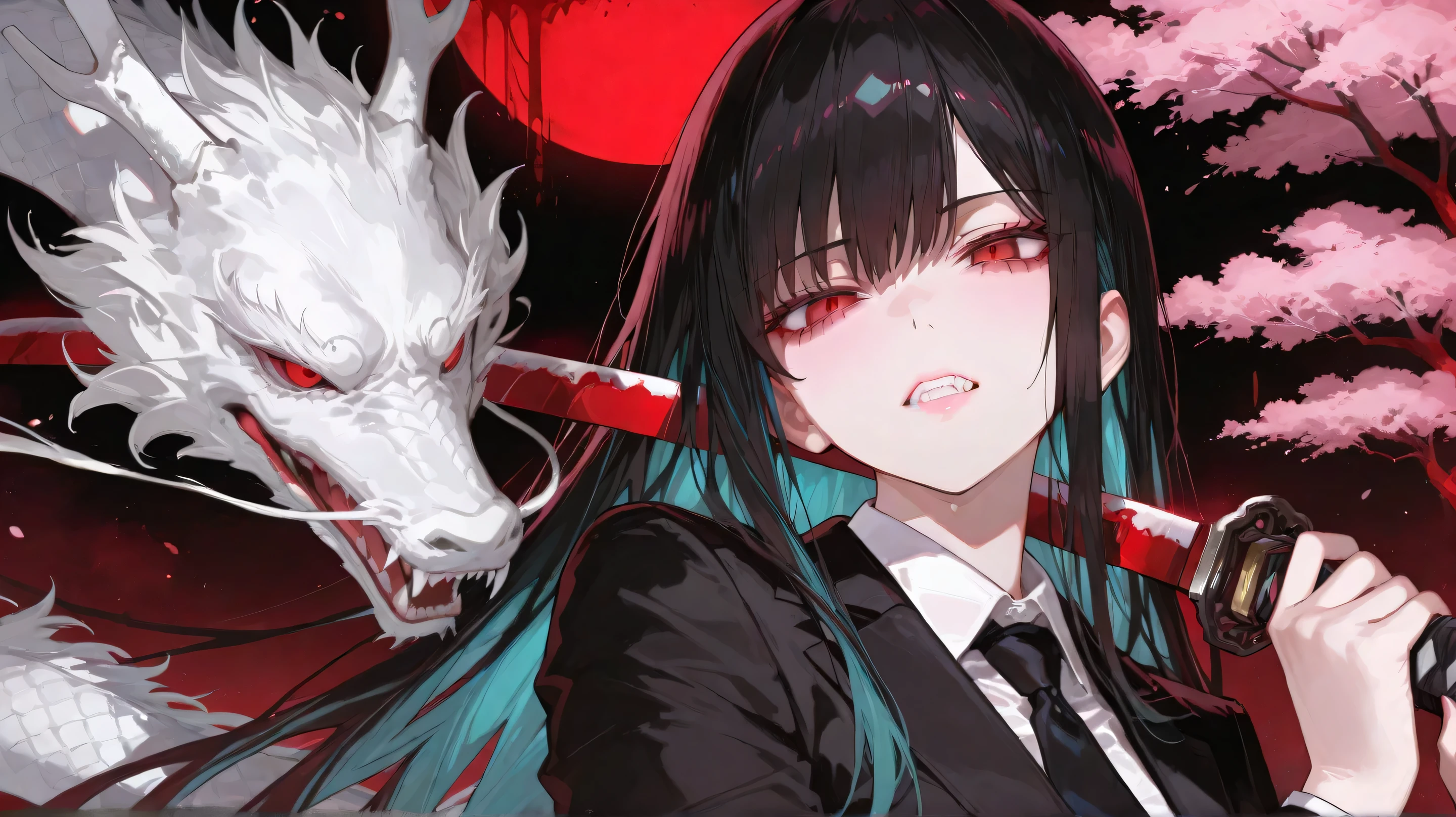 (best quality,4k,8k,highres,masterpiece:1.2),ultra-detailed, pink sakura tree,slaughter,abundant bloodstains, Medium range photography,lady,white katana, gun , black suit,beautiful face,sharp gaze,delicate,detailed,grand,determined will,shot in the middle of battle, silver eastern Dragon, sexy girl , long black hair style , turquoise colored inner hair , sexy face , red eyes, perfect , face detail , ferocious,gritted teeth ,
