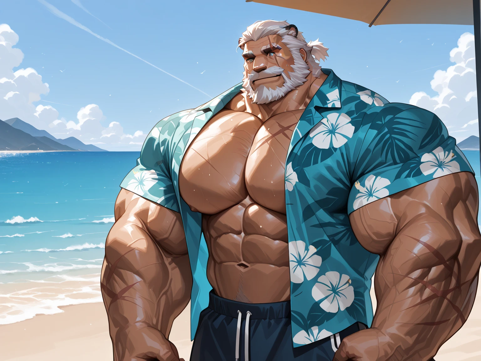 beach, extremely huge muscular, massive muscular, full-body , (topless, shirtless, shorts), well-muscled old man. ((extremely muscle size, super thick arms, huge pec, extremely wide pectoral , huge arms)), wide smiling. Add textures and details to make the image more realistic, such as the appearance of the. Make sure the resulting image is high resolution, 8K quality
