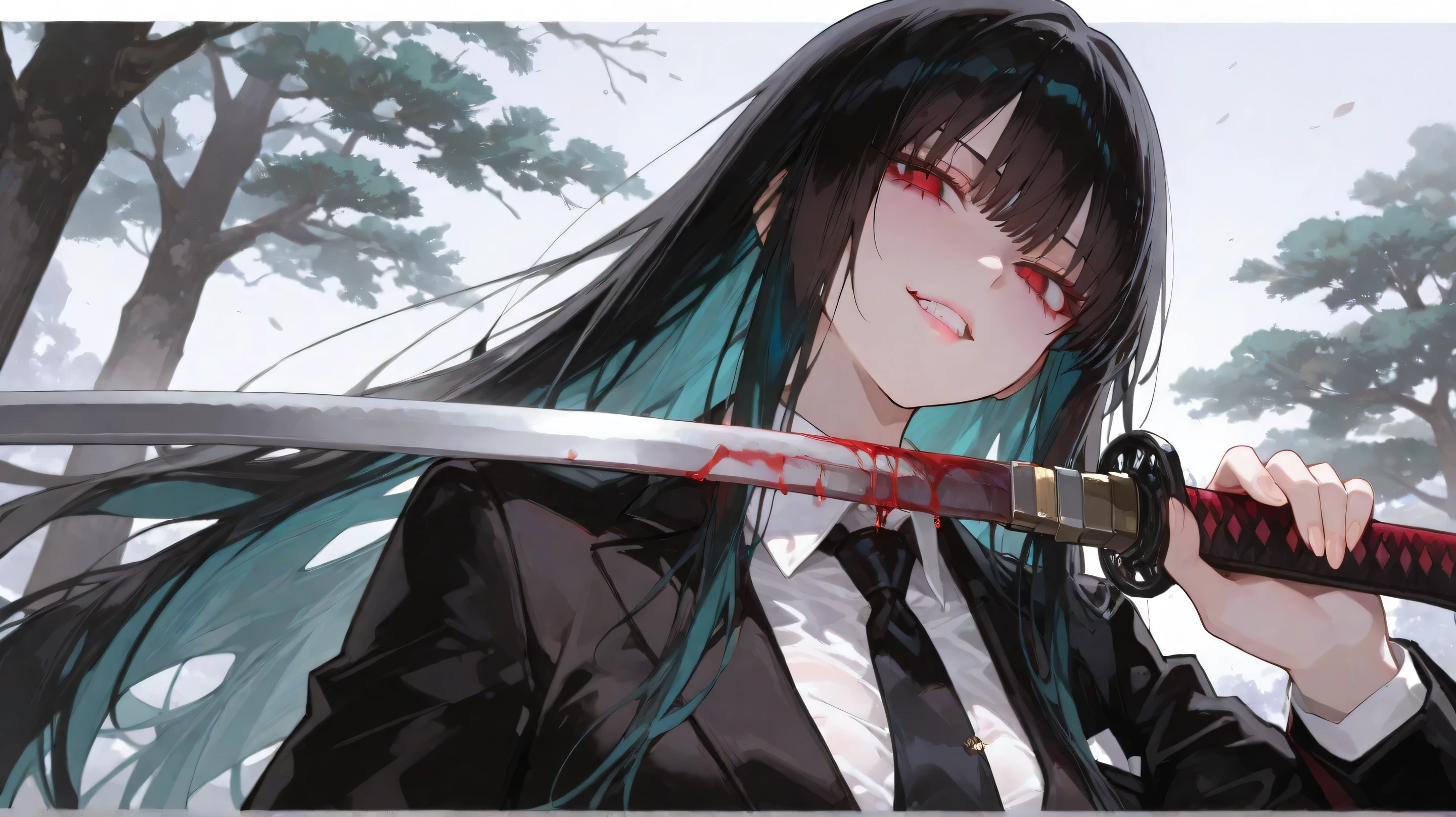 (best quality,4k,8k,highres,masterpiece:1.2),ultra-detailed,sakura tree,slaughter,abundant bloodstains, Medium range photography,lady,white katana, gun , black suit,beautiful face,sharp gaze,delicate,detailed,grand,determined will,shot in the middle of battle,  , long black hair style , turquoise colored inner hair ,  face , Red eyes and dragon eyes, perfect face detail , ferocious,gritted teeth