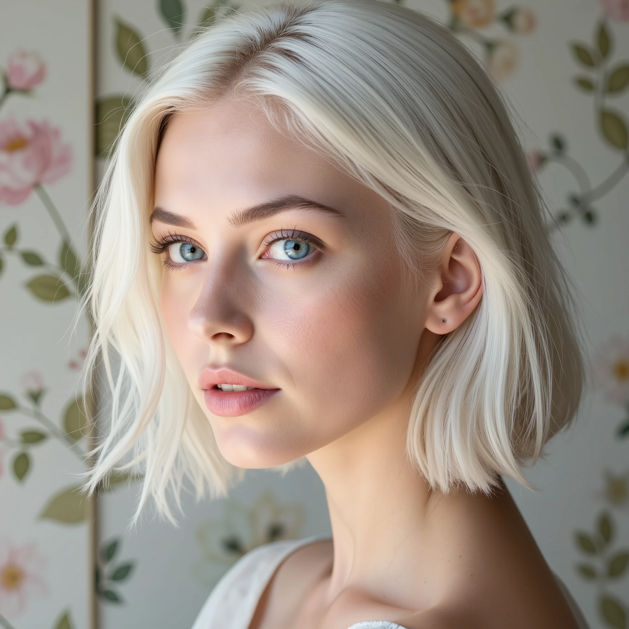 white hair, Girl, profile photo , Blue eyes, high quality image, realistic, фотоrealisticе, detailed study, portrait, warm lighting, floral background , soft focus, detailed, perfect quality, 8K, deep sharpness, smooth transitions, elegant, gentle, pure colors, pastel colors