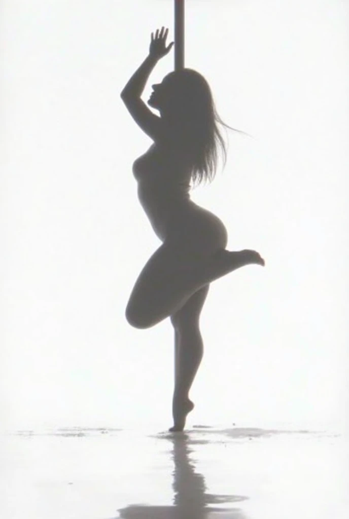 Portrait of a naked woman, silhouette, dark lighting, outline, head to toe, ((long hair:1.3)), naked:1.4, shiny dance pole:1.6, dull blue light, 1970 styling, RGB, digital