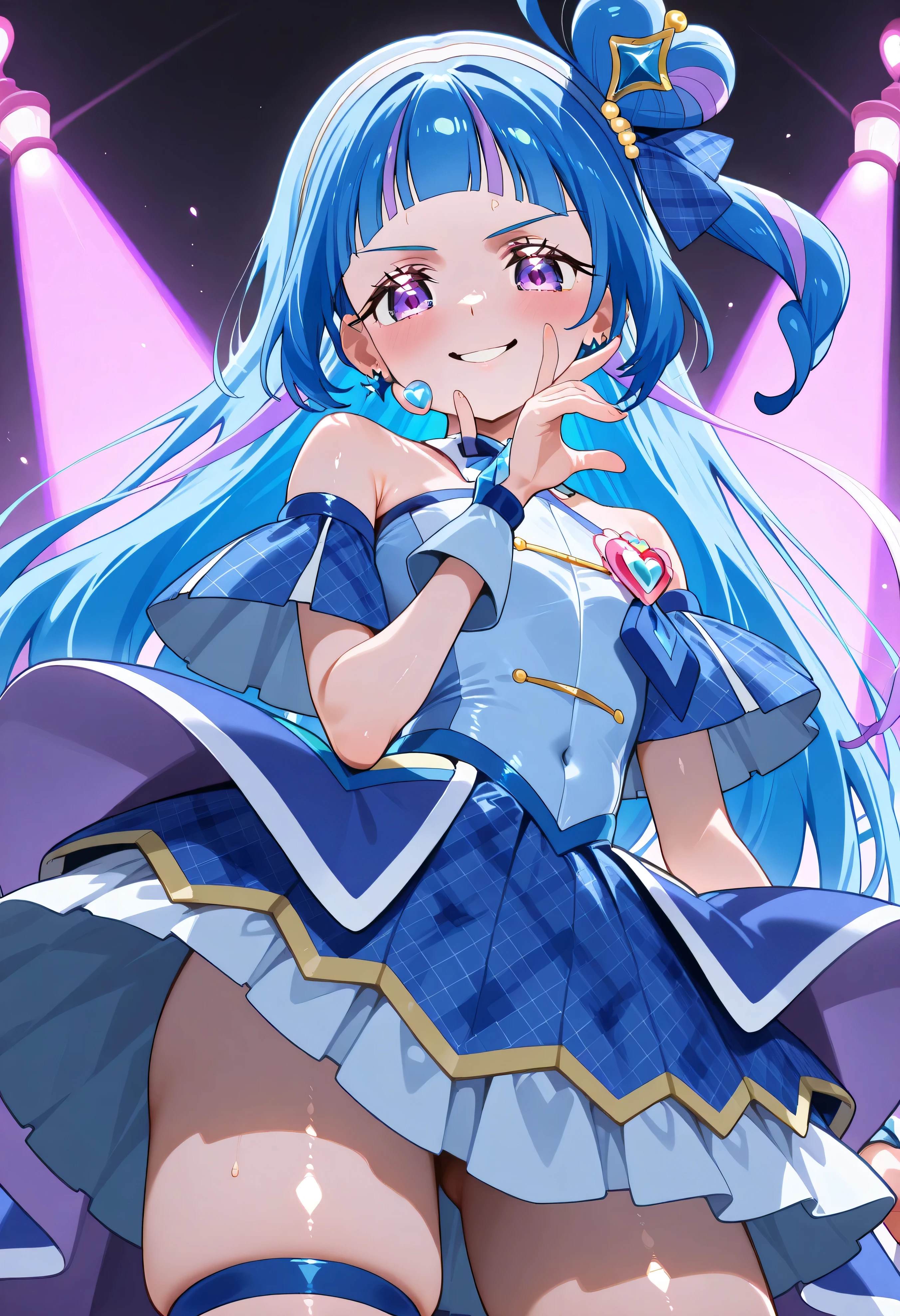 、  Look Down、from below、 break、Cure Wink、cure winks 、Idol Kimi and Idol Pretty Cure Blue Hair、Magical Girl、 mini crowns、purple eyes, blue dress ,slanted hat,very long hair,Dull bangs,bare shoulder,headband,,,nsfw,evil smile、NSFW for shiny skin