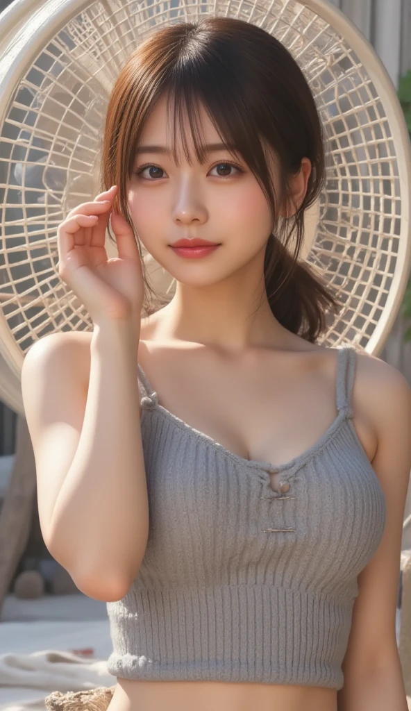 Arafe asian woman with ponytail and brown top, Armpit, Realistic Young Gravure Idol, Young skinny gravure idol, Young Pretty Gravure Idol, Young Gravure Idol, Young Sensual Gravure Idol, pretty face with arms and legs, 奈良美智, attractive face and body, beautiful Korean women