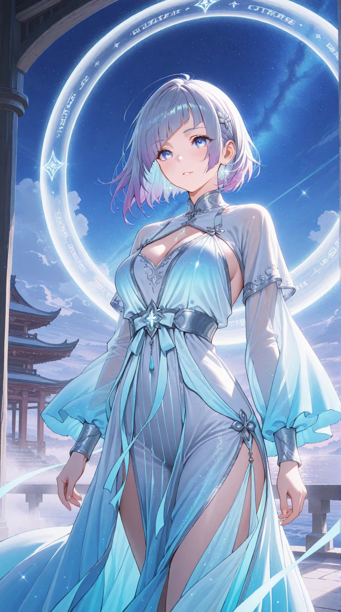 (((the best质量, high resolution, masterpiece, masterpiece, the best, high resolution))). A girl, Solitary. (((I am a beautiful person, Cute girl with delicate white and silver hair, short and small, slim body, and anime faces))). She was a young girl, About ten years old, Gorgeous white skin and medium length hair，Tie it into a big bun. She has depth, Shining blue eyes，tilt. She has no expression on her face. She has a medically correct body and youthful breasts. Her limbs are slender, Have the medically correct number of limbs and fingers. Her dress was white，very short ((cheongsam)), Translucent and transparent, With a blue ivy pattern. Her clothes fluttered in the wind as she posed. Her background is a simple starry sky.