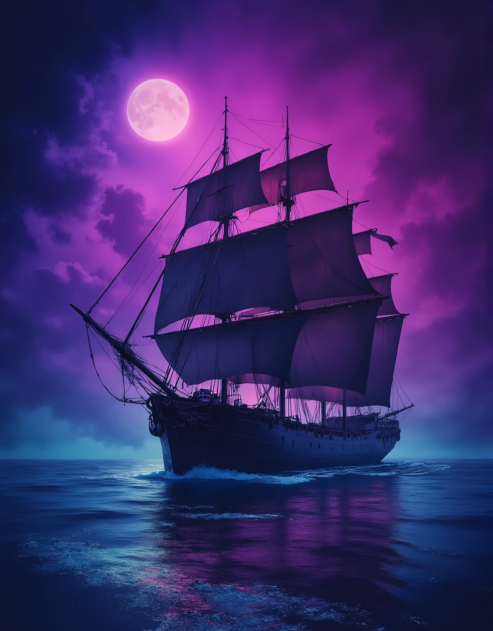 The style of Samuel Peploe and Posuki Demizu. A cinematic and vivid illustration of a formidable pirate ship sailing under an impressive night sky. The ship is shrouded in darkness, decorated with a skull and crossbones flag, and enjoys an impressive reputation. The battered hull and tattered sails speak of a long and dangerous journey. The crescent moon, painted in an eerie purple hue, radiates an otherworldly glow, enhancing the sense of adventure and danger. The choppy sea, ominous sky and menacing pirate ship create an atmosphere of excitement and anticipation. This image evokes memories of the golden age of piracy and invites the viewer to embark on their own exciting journey.
