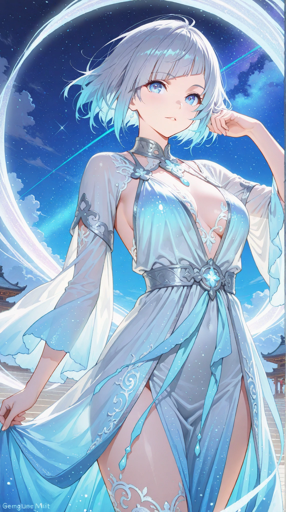 Girl, tall and slender with striking features, long, wild blue hair cascading down her back like a river of sapphire, fair skin, bright green eyes with long eyelashes, small nose, youthful features, wearing a flowing, floor-length cloak of shimmering silver silk embroidered with intricate moonflower patterns, a tight-fitting bodysuit of iridescent blue beneath, adorned with delicate, sparkling gems that seem to pulse with an inner light, holding a delicate ice-blue sphere in her hand, wrapped in a flowingscarf of softest white wool woven with intricate runes of protection, and shadowy design, the scarf partially covering her left shoulder and breast, hinting at a secret she carries, standing on the frozen surface of a serene lake surrounded by snow-covered tundra landscape under the fading light of dusk