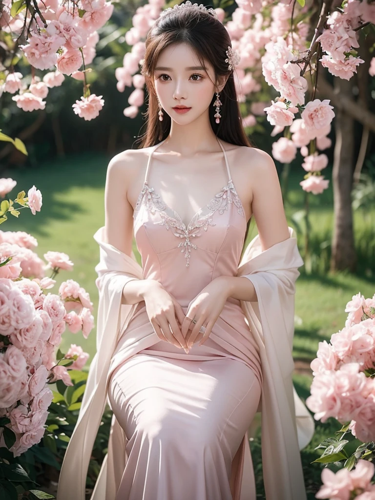 Mustem, top quality, illustration, ultra high definition, fine details, high resolution, perfect dynamic chinese new year, beautiful and delicate eyes, Naturally colored lips, perfect and beautiful face, cute, sexy face, feminine face, full body shot, elegant dress, Rich rose flower field