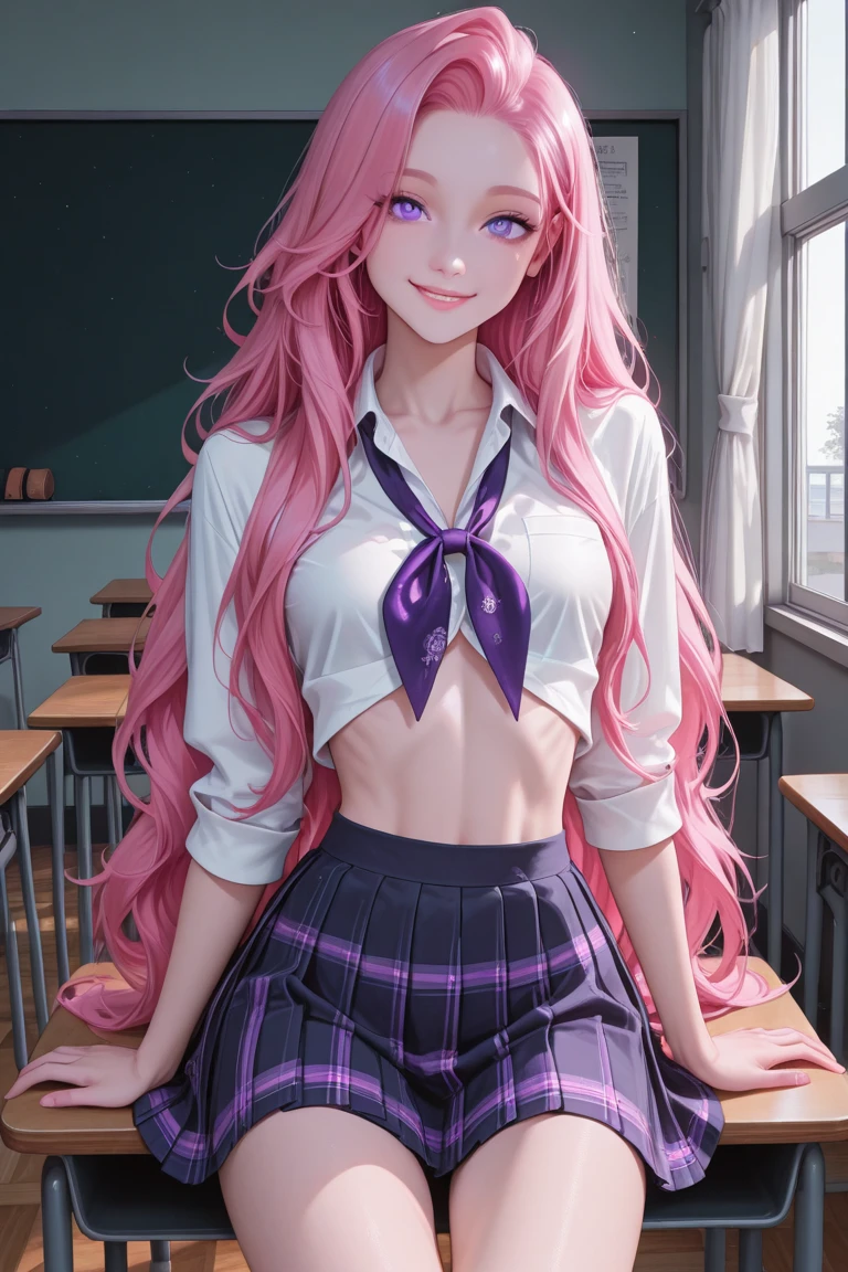 masterpiece, best quality, wallpaper, 8k, intricate detail, high resolution, loading screen, young girl, anime, (small) breasts:1.2, flat chest:1.2, athletic body, schoolgirl, school uniform, pink eyebrows:1.2, messy short pink hair, schoolyard in background, (pink) necktie, blowing kiss:1.2, happy, pleated (blue) skirt, pink shirt, midriff, sakura atmosphere, detailed face, pink eyes, detailed eyes, beautiful eyes, detailed lips, full lips, toned body, shirt pocket, good lighting, full body, blushing, wide hips:1.1, detailed navel, dark shadows, detailed background, (pink hearts), (pink heart piercings), detailed shadows, white gloves:1.2, solo:1.4, glasses, in school, gold glasses,