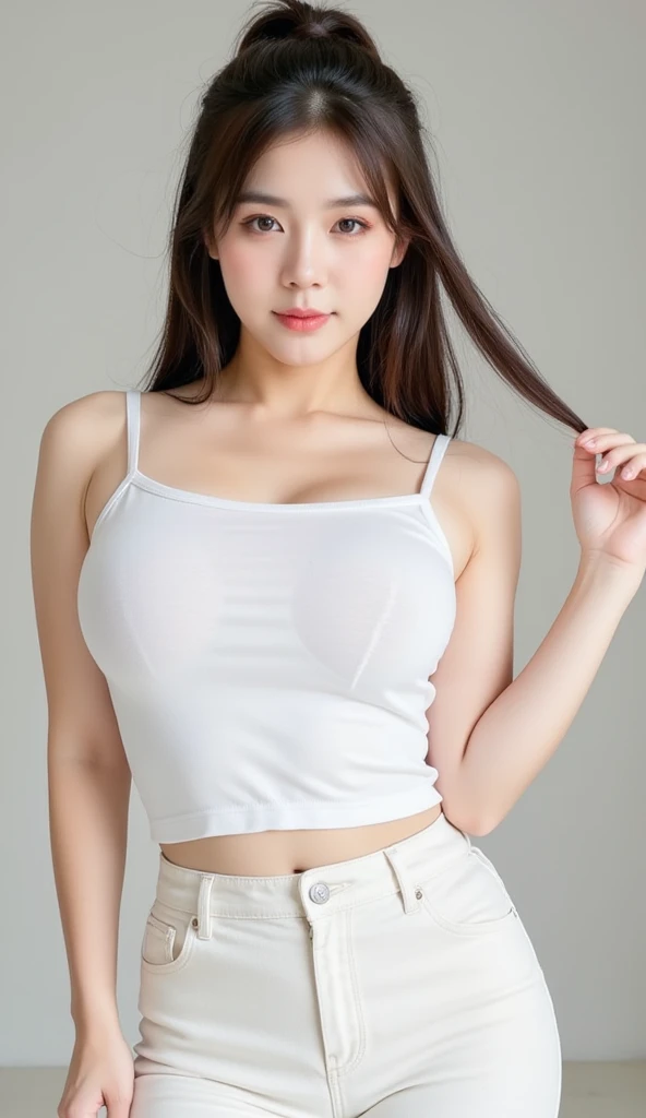 A hot young woman, korean idol, long legs, wavy blonde hair, glossy lips, (perfect body, giant breasts, braless), (casual white tight shirt with o-neck short-sleeve loose, white panties), seductive look, at professional photo studio, white backdrop background, dynamic light, dynamic angle, perspective, 8K, masterpiece, ultra detailed.