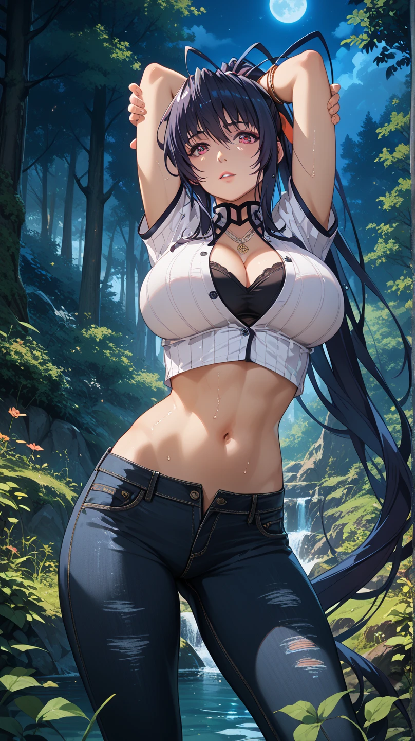 1female，35yo，熟妇，Slim，Tall，gigantic cleavage breasts，Big breasts Thin waist，slenderlegs，Pornographic exposure， 独奏，（Background with：ln the forest，the rainforest，in summer） She has long blue hair，standing on your feet，Sweat profusely，drenched all over the body，seen from the front， hair straight， mostly cloudy sky，（（（tmasterpiece），（Very detailed CG unity 8K wallpaper），best qualtiy，cinmatic lighting，detailed back ground，beatiful detailed eyes，Bright pupils，blue color eyes，Redlip（Very fine and beautiful），（Beautiful and detailed eye description），ultra - detailed，tmasterpiece，）），facing at camera，A high resolution，ultra - detailed），revealing breasts，Bare genitalia， Lower body elevation，Raised sexy，Camel toes，Flushed complexion，Open-mouthed，frontage，cow（Wearing：White cloak，black colored leggings，Red loose shirt），