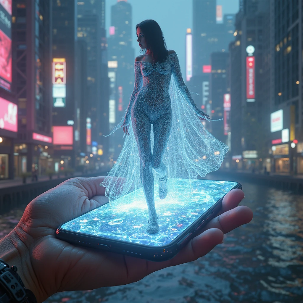Create a highly detailed image of a futuristic tech hub, with sleek, modern architecture featuring tall glass buildings, advanced digital displays, and bustling activity. In the foreground, place a sophisticated AI-generated female model who embodies intelligence and modernity. She is dressed in a stylish, tech-inspired outfit with subtle digital elements integrated into her clothing, such as glowing lines or patterns. The model should be interacting with holographic interfaces or using a futuristic device, symbolizing her role as a key figure in this advanced technological environment. The background should include elements like autonomous vehicles, drones, and tech professionals collaborating, all under a bright, clear sky. INDIAN women