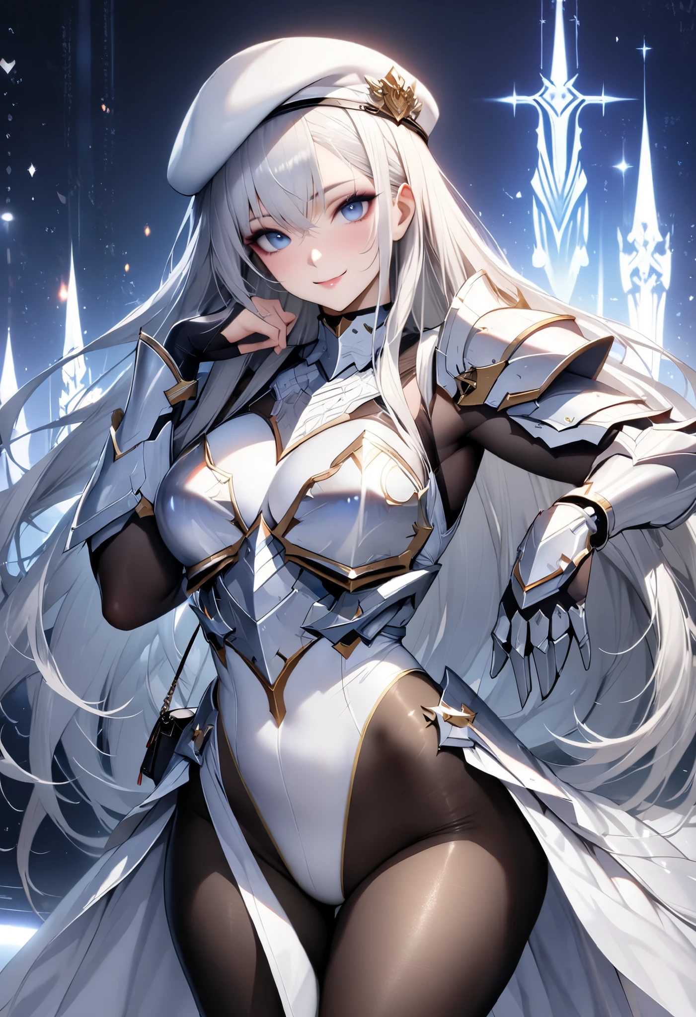 ((best quality)), ((masterpiece)), ((super realistic)), (solo), 1 girl, ((curvilinear)), ((Skin Dantation: 1.2)), perfect face, ((Azur Lane)), (( Armored Long Skirt Dress : 1.2)), ((Paladin Armor)), ((High Neck White Leotard that fits the skin perfectly: 1.4)), (( white night armor breastplate )), ((Fitted Black Investigator Body Stocking)), ((Large shoulder rest)), (long handbag), ((Light blue straight long hair)), (Pantyhose thighs), (white knee-length boots), (( see-through cleavage cutout )), absolute region with to, White Military Beret , beautiful blue eyes, perfect hand in h, perfect fingers, Magic Spear Decorated with Luxurious Goldwork .,smile , makeup,