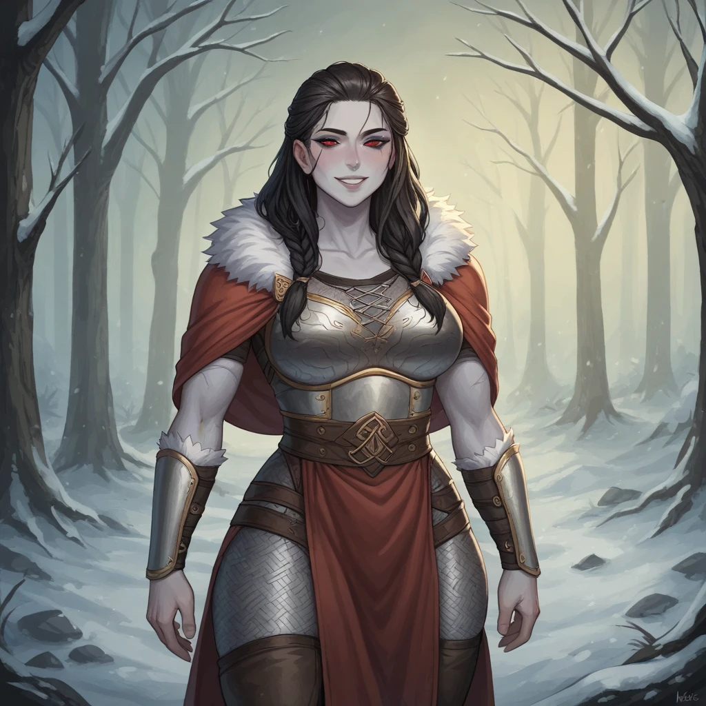 1girl, orc, green skin, hornshorns, muscles, winter scenery, cuirass, chestplate, armor, fur trimmed coat, fur trimmed bracelets, leather cape