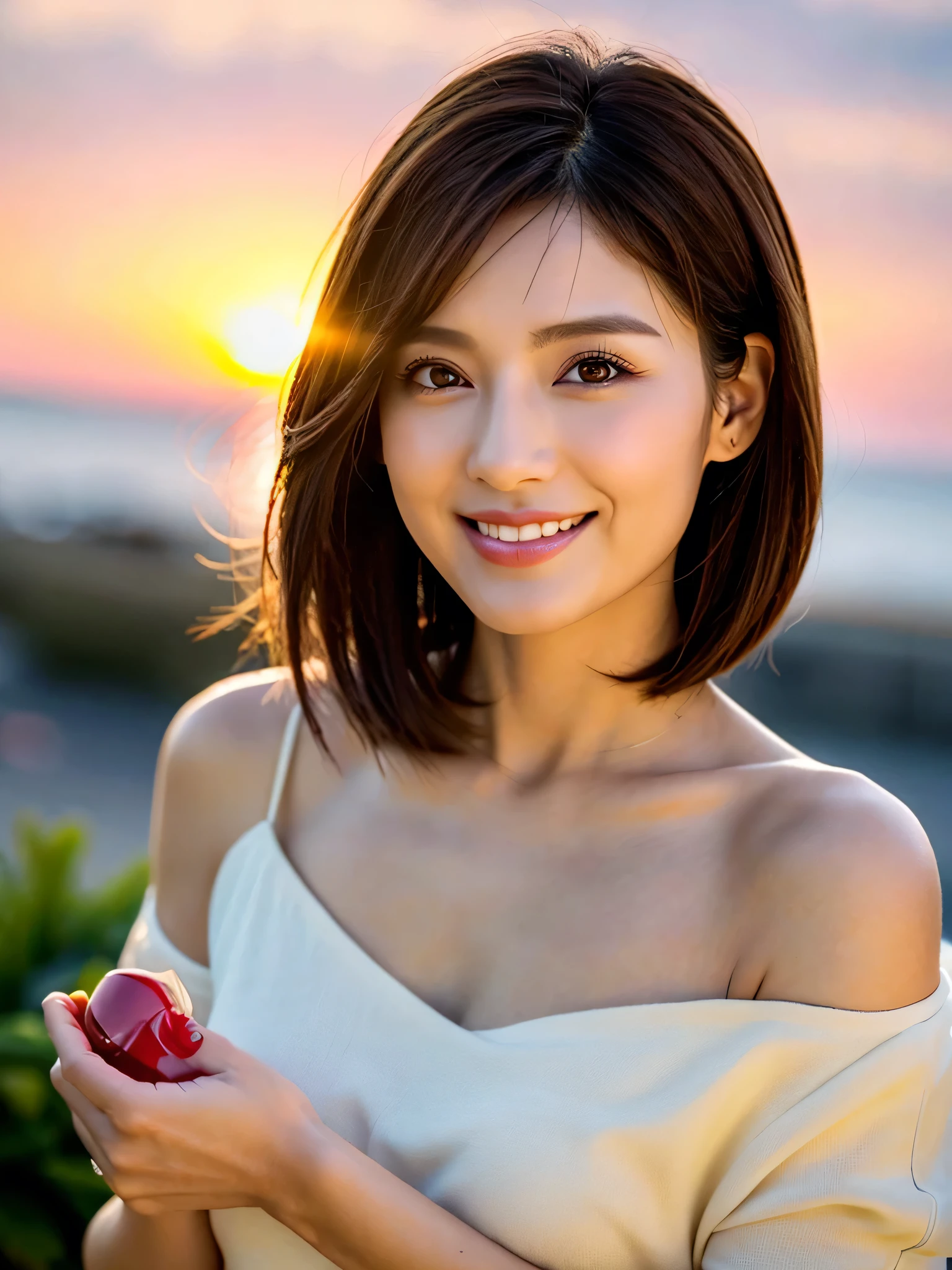 (masterpiece)、(Highest quality:1.5)、(Photorealistic:1.2)、(Surreal), (High resolution), (Realistic), (Post-processing),(Sharp focus), Sharp focus:1.2,Backlight, (Improvement of quality:1.4), Healthy thighs、(Narrow waist)、Big Ass、((Perfectly detailed five-fingered hands)),(Anatomically correct body)、((1 female:1.4))、Japanese、Realistic Skin、(Small chest:1.4)、Bust size is A cup、Pretty woman with perfect figure:1.4,(from the front:1.5), (Enhances the beauty of skin texture:1.1),No makeup、美しいBlack Hair、The best smile、Natural color lip、(Small Mouth:1.4)、(Oval Face)、Even bangs、Hide eyebrows with bangs、((29-year-old woman))、Bob Hair、Hair blowing in the wind, (Black Hair, Iris, Watery eyes, Shining Eyes, Bob Cut Hair, Small earrings,), Hair behind the ear、No makeup、(Drooping eyes)、Drooping eye corners、whole body、(((One lovely woman)),((A big friendly smile)),(( Small breasts,Small breastsの谷間)),((((Plump Cheeks)))),((whole body:1.5)),((On a yacht))、((Light of the sun))、Browsing Caution,((Pink tropical bikini))、(Sitting on a chair)、