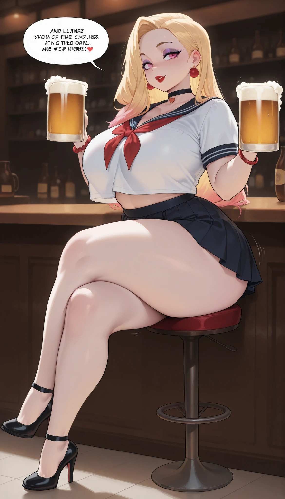 A sexy, curvy, beautiful woman with purple eyeshadow makeup, half-lidded pink eyes, long blonde hair, red nails, fat big, plump, bimbo red round glossy lips, an extremely small waist, a perfectly cinched hourglass figure, and extremely fair white glowy pale skin. She's only wearing a revealing short school skirt uniform, choker, ankle bracelets, and tall strappy black high heels. She's sitting legs crossed on a bar counter chair, holding one beer mug, noticing expression, and is in a pink bar. Show her full body and super hyper-detailed.