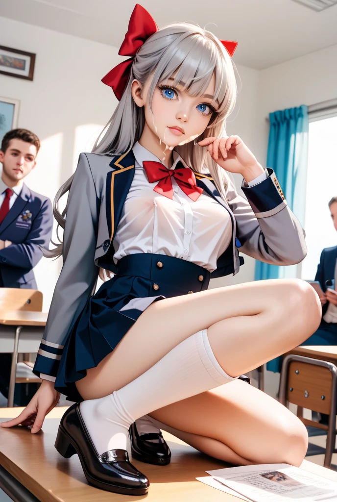 tmasterpiece，one-girl，JK，adolable，best qualtiy，‎Classroom，eventide，the setting sun，style of anime，quadratic element，White over-the-knee stockings，Ray traching，whaite hair，Red eyes