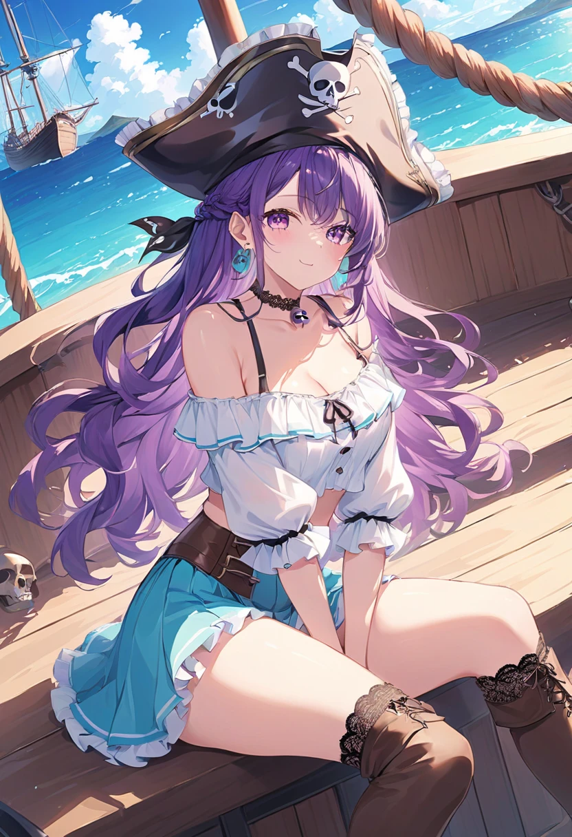 a sexy japanese woman wear pirate hat, pirate outfit, on a pirate ship, (detailed pirate ship), fog, soft light, (best quality), (masterpiece), slim, long legs, (flat chested), anime, (view from above), (purple hair)
