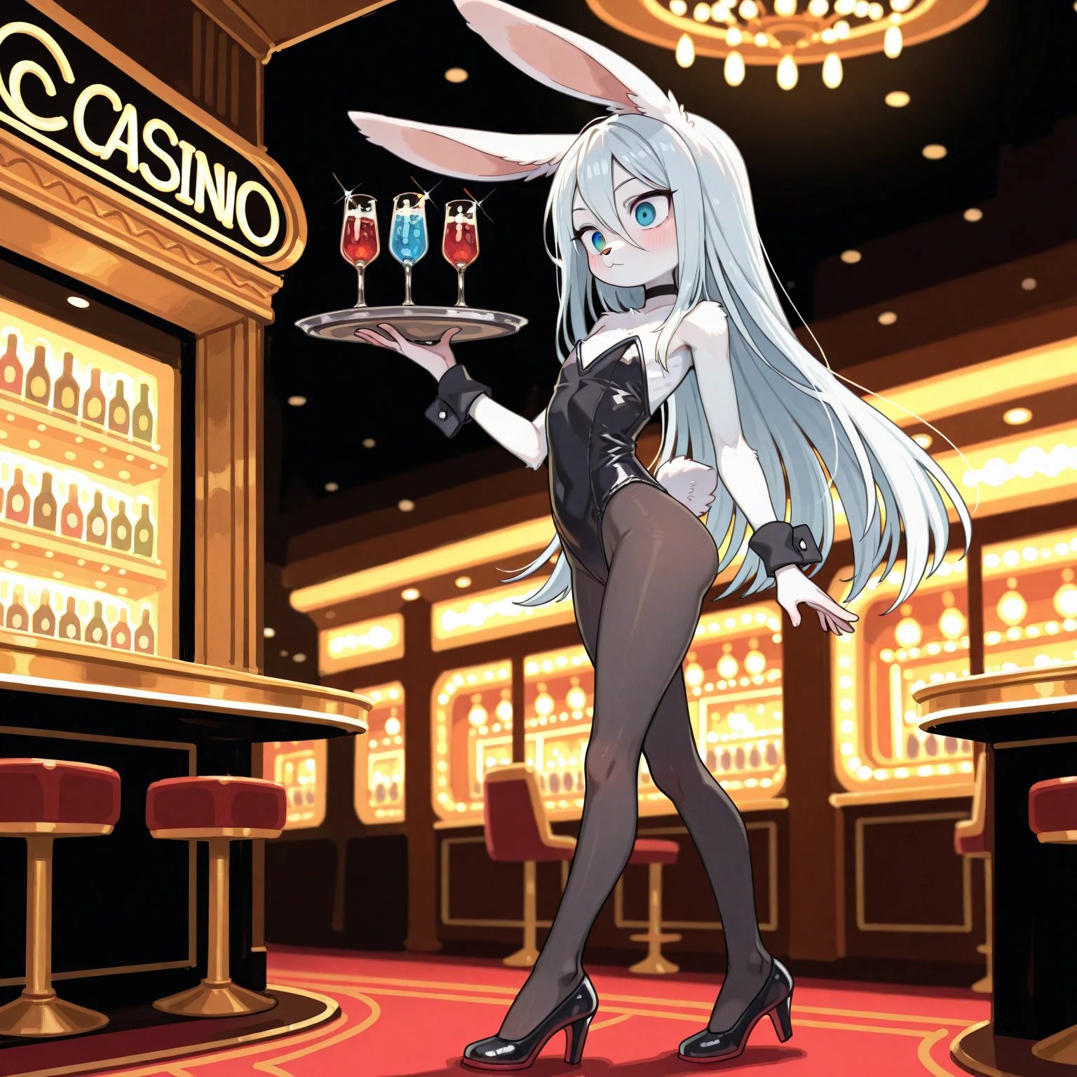 <lora:bunnysuit:0.8>,  (slot machines), large breasts, standing, (reverse bunnysuit), bunny ears, tray, cocktails, excited,  <lora:futaveiny6:1>, (penis), (testicles), depth of field, ejaculation, pasties