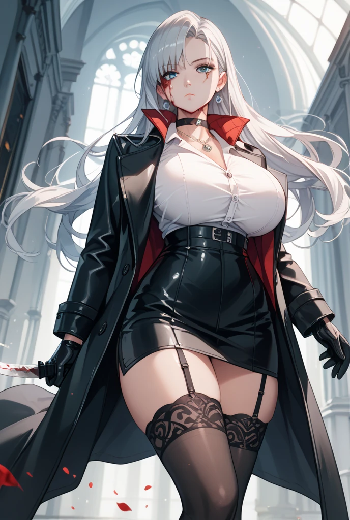 ((blood droplets)), ((blood)), ((blood splatter)), ((blood on clothes)), ((blood stain)), Masterpiece, Beautiful art, professional artist, 8k, art style by sciamano240, Very detailed face, Detailed clothing, detailed fabric, 1 girl, View from above, lying completely on the ground, perfectly drawn body, dead expression, lifeless, pale skin, beautiful face, long black fur, Closed eyes, pink cheeks, glasses, choker:1.6, (white collar button down long sleeve shirt), black gloves, gloves that cover hands, (holding an ax in his right hand), (black leather corset), (shiny black leggings), Sensual Lips , evening de invierno, Dark road, Snowy forest, evening, Atmosphere, snow