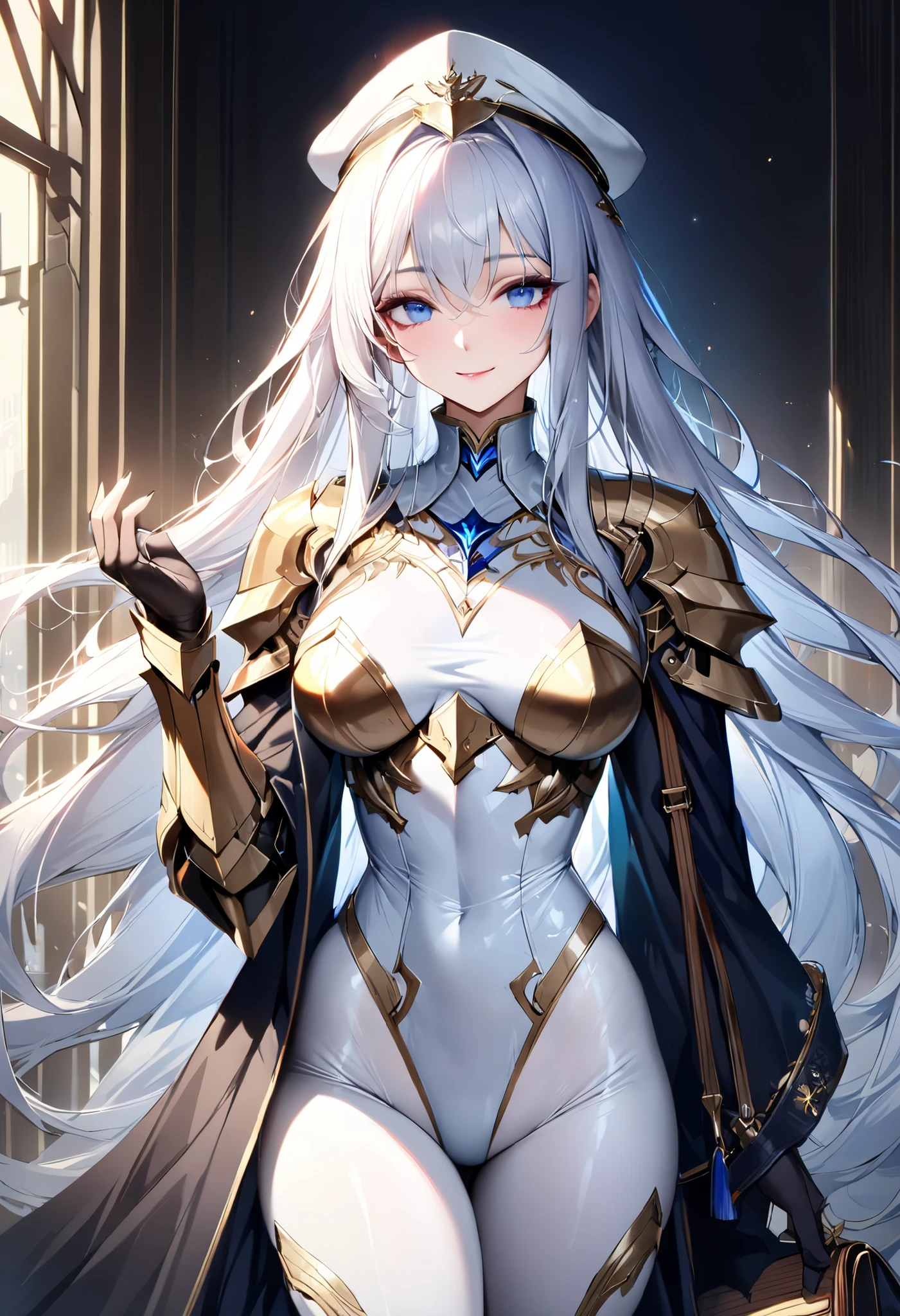 ((best quality)), ((masterpiece)), ((super realistic)), (solo), 1 girl, ((curvilinear)), ((Skin Dantation: 1.2)), perfect face, ((Azur Lane)), (( Armored Long Skirt Dress : 1.2)), ((Paladin Armor)), ((High Neck White Leotard that fits the skin perfectly: 1.4)), (( white night armor breastplate )), ((Fitted Black Investigator Body Stocking)), ((Large shoulder rest)), (long handbag), ((Light blue straight long hair)), (Pantyhose thighs), (white knee-length boots), (( see-through cleavage cutout )), absolute region with to, White Military Beret , beautiful blue eyes, perfect hand in h, perfect fingers, Magic Spear Decorated with Luxurious Goldwork .,smile , makeup,