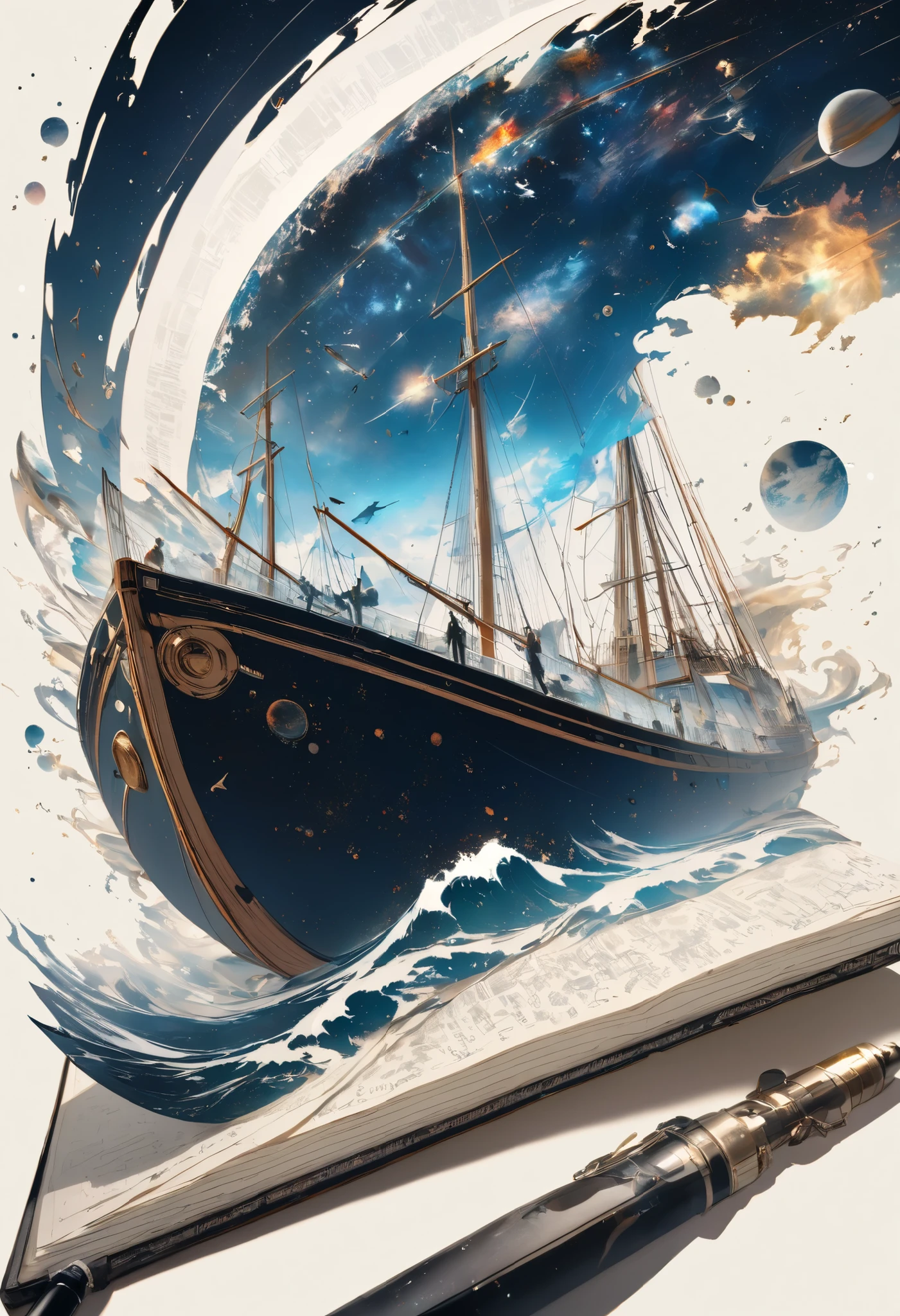 A Voyage to Space, We sail into aesthetic space on an old, beautiful sailboat, with minimal equipment, Absurd Wave Splashes Generating from a Boathead、We set sail on a cosmic high sea called art, ARW,
BREAK ((Multiple Exposure, I will keep records in my diary, \pen:1.3, side focus\, I'm writing a diary with a translucent overlay, Our Voyage to Space)),