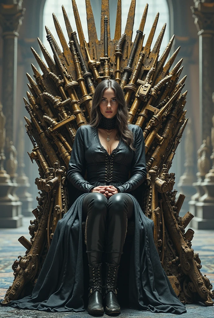 (Full body shot Isabelle Du), (straight seven feet long brunette hair), (strong thighs), (dark red glossy lips), (soft eye shadow long eyeliner), (long sharp black nails), (leather sensual see through tiny medieval outfit), no earrings, no earrings, no earrings, no jewels, (sensual pose in a really dark castle throne hall), (happy expression), (sitting on the Game of Thrones Iron Throne), (night time). No faces on her chest!