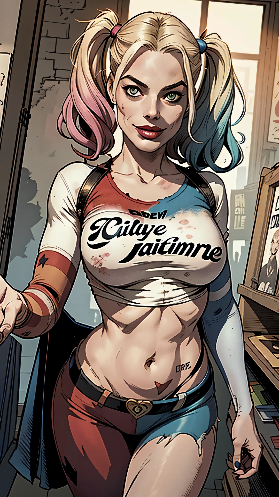 ((best quality)), ((masterpiece)), ((savvy)), (HD), (accurate), (realistic), (movie), (best shadow), Low Contrast, Side Lighting, (complicated:1.4), (( Margot Robbie)), (Harley Quinn), perfect face、8k、(accurate手と指の描写)、( plump body)、(T-shirt), big breasts、 Slim waist、glamorous、 Checkpoint 、Tattoo、(pudding tattoo on chest)、((A gentle smile)), Gotham City Backstreet、in front of the fitting room、from head to toe, comic style, Panel layout, (front below:1.3), ((point of view from directly below the front:1.2))