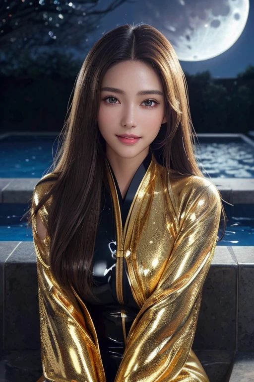 Latex bodysuit、Knee-high boots、Huge 、Long brown hair、Japanese Gravure Idol、Shiny, Oily skin、Glowing Skin、Indoor competition pool、White skin、The beauty of kimono, Body Portrait, 8k, Narrow and beautiful eyes, Dindal effect, masterpiece, 最high quality, high quality, High resolution, Very detailed photos, (Natural skin texture, Fine skin, Hyperrealism, Ultra Sharpness) , Skin with attention to detail, (Very fine, Fine skin texture, Intricate details, Beautiful Face, (Lifelike face), Realistic eyes, Beautiful and detailed eyes, Realistic Skin, Beautiful Skin, surreal, Very detailed, Golden Ratio, Smiling Eyes, ((Night moonlight background)), Body Portrait, , glamorous、 Shiny Bodysuit