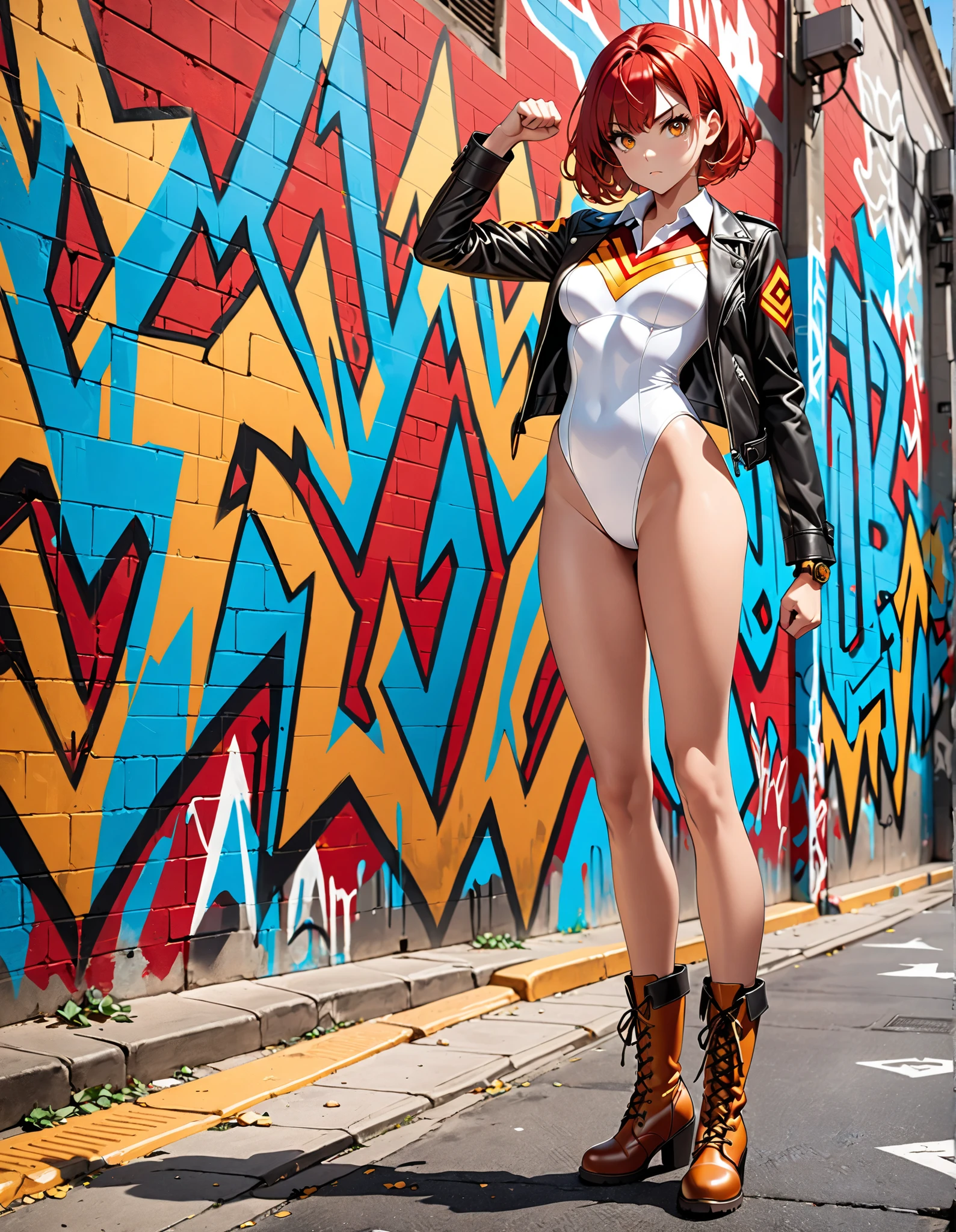 Joanna Dark,solo,short hair,blue eyes,red hair,detailed, beautiful, cute, full body shot, scenic view, professional photo orange nurse cap, bikini, thigh-highs. heels, crotch zipper