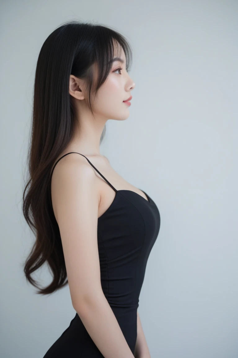 A very young girl is taking a fashion photo looking at the camera, Taken in 2024, 摆出休闲姿势, 1, profile photo, Kelly Mandel, 2, She is wearing a super mini tight dress, She has an hourglass figure and huge natural
