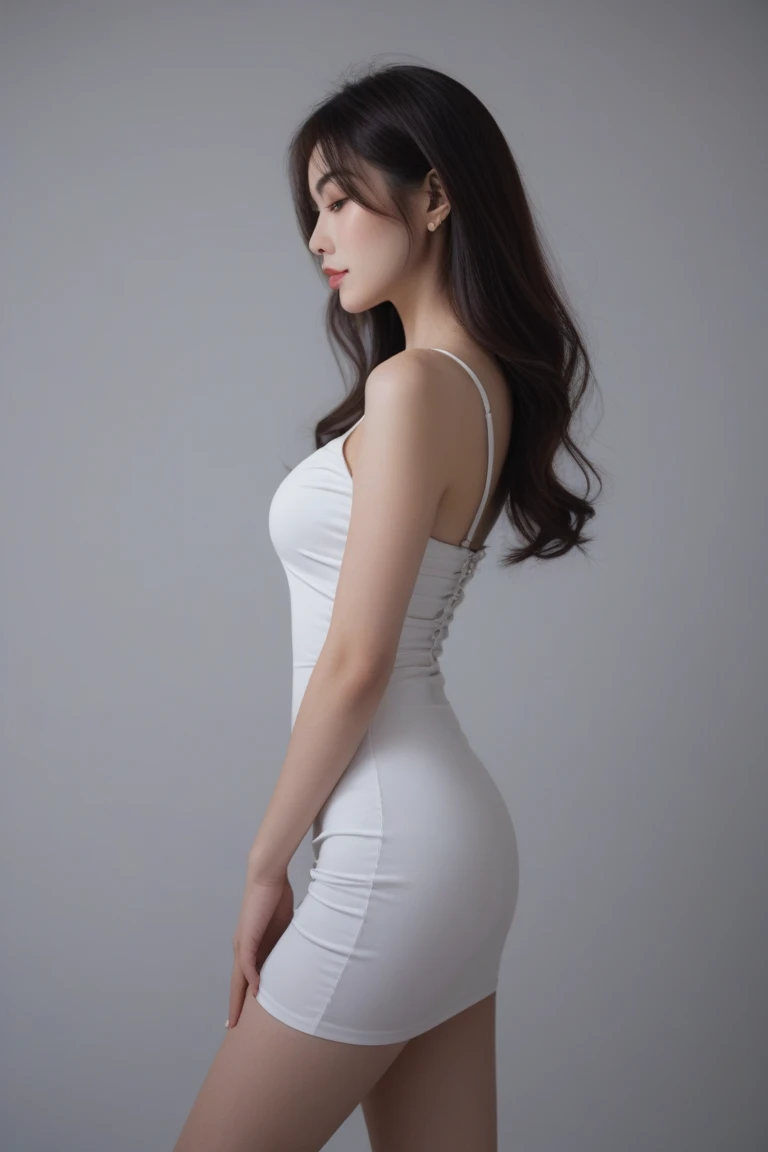 A very young girl is taking a fashion photo looking at the camera, Taken in 2024, 摆出休闲姿势, 1, profile photo, Kelly Mandel, 2, She is wearing a super mini tight dress, She has an hourglass figure and huge natural