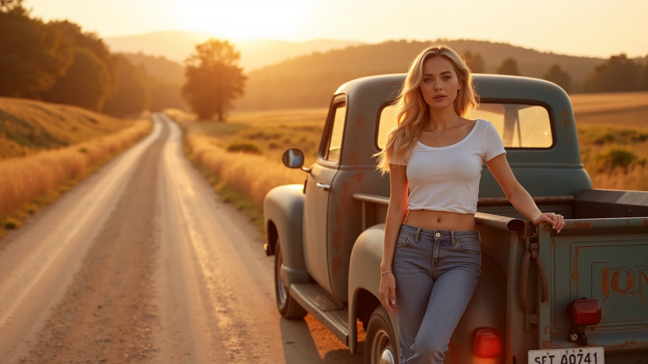 Cinematic, realistic, UHD, a stunning mid-range photograph by Steven Klein of a 40's woman with medium sized round sagging breasts. wearing a yellow flannel shirt and white denim mini shorts perched on top of an old worn out matte black and red pickup truck. The tall wild grass and her bare feet. The rustic fence and four farm houses in the background with a snow covered mountain range seen in the distance adding depth and scale to the scene. The overall atmosphere of the photo is natural and serene, capturing the essence of a perfect summer day in Las Vegas, Nevada.