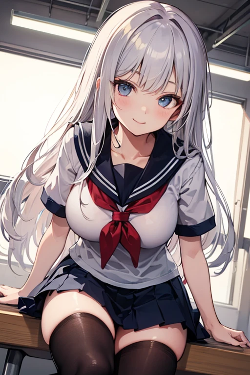(1girl), red eyes, mature, mole onder eye,((white hair)), pigtails, long hair,, x ornament, big lips, pretty lips, ((gyaru)), gyaru hairstyle, there is a woman in a white shorts taking a selfie, smooth pink tight clothes, posing in a bedroom, good hips and long legs, photo of slim girl, pretty face with arms and legs, full length and white stockings, 2 4 year old female model, sporty, photo of slim girl model, concept:Beautiful woman portrait。 quality:(highest quality, 4k, High resolution, masterpiece:1.2), Super detailed, (anime style, photorealistic:1.37), lighting effects:strong contrast, Bright colors and mesmerizing effects, Soft and delicate lighting, gentle shine, Subject information:alone, ((woman)), (round eyes), (high detail skin:1.2), long eyelashes, glossy lips, Highly detailed face and skin texture, (Joyful), (sailor suit), droopy eyes, look up, upper glance, seductive thighs, Other details:((Photographed from above)), school classroom:1.5, beautiful skin, shiny skin, perfect fingers, five fingers, anatomically correct, background bokeh, ultra wide angle lens, 22㎜, f/1.2, photo shoot,