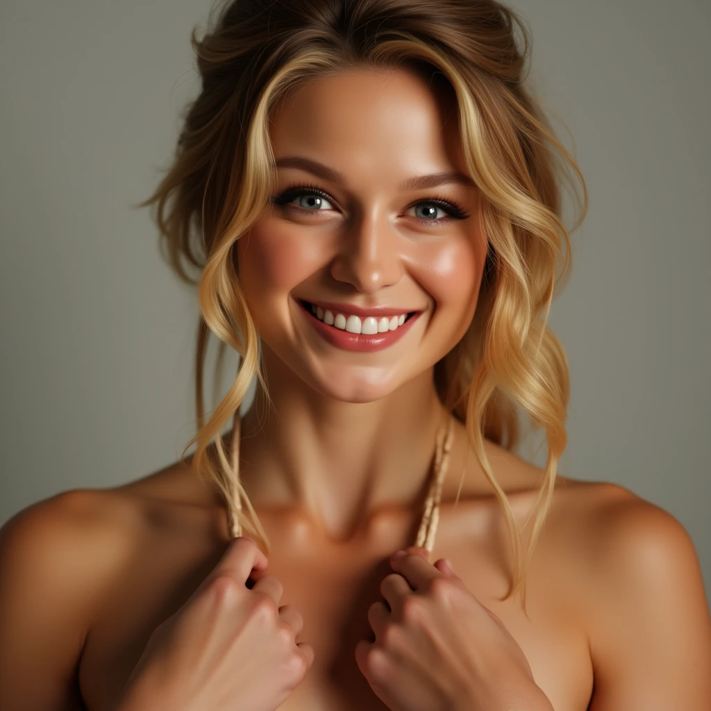 Teresa Palmer in a basilica with red lipstick completely naked and smiling