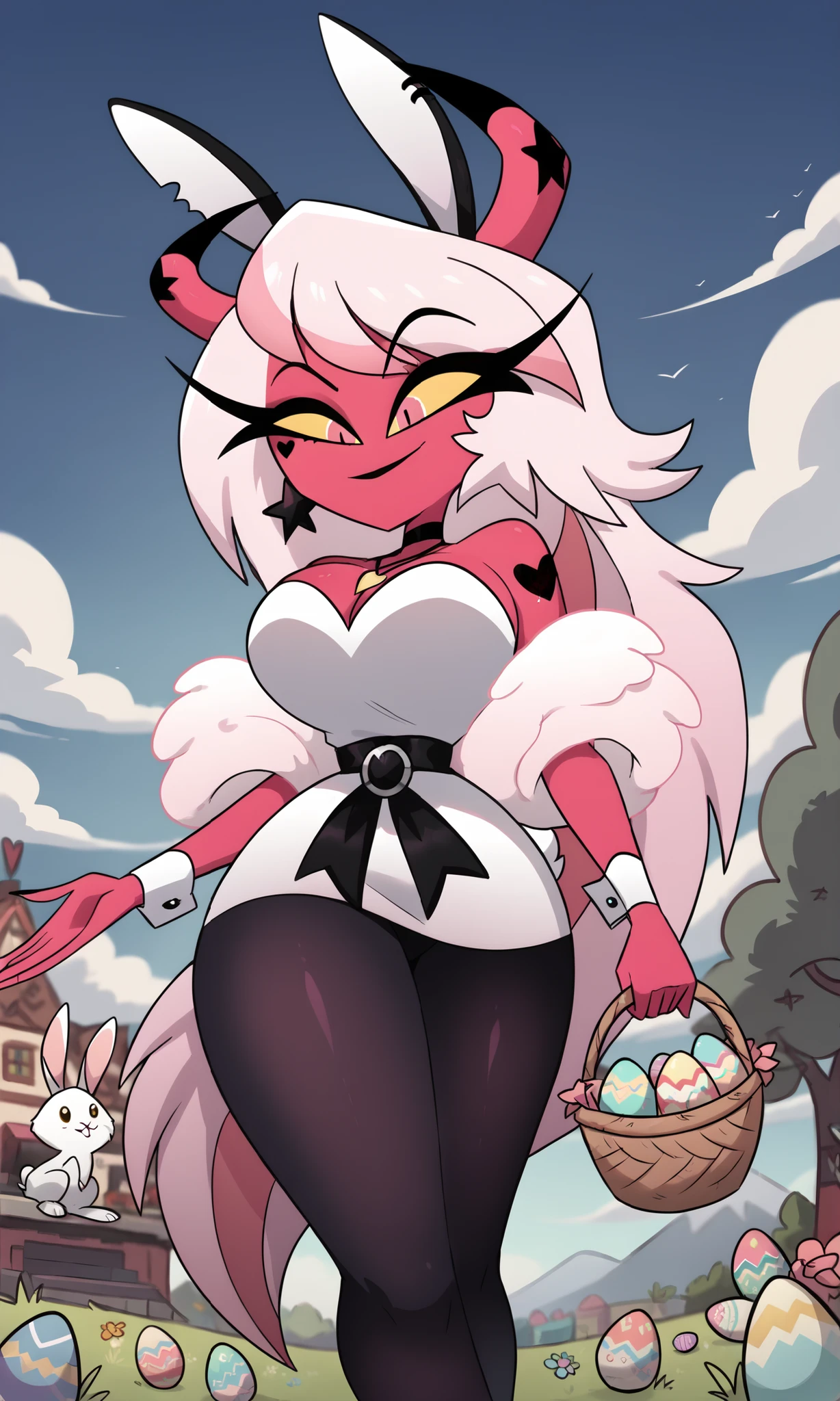 ((masterpiece, detailed image, soft skin, style_2d_chibi)), verosika(Helluva_boss), black thighs, big breasts, horns, very long hair, wings, Verosika, strapless, long hair, yellow sclera, star (symbol), tail, alone, smile, pink hair, tattoo, demon horns, cleavage, smile, pink skin, pink eyes, heart tattoo, dress, outdoors, day, outdoors, herbs, flowers, ((eggs, easter decoration)), easter, sky, clouds, ((easter)), ((pink_eggs)), ((easter_eggs)), hair ornament, ((bunny_ornament)), (headband, bunny ears), (false ears), ((necklace)), ((bunny_necklace)), white dress, ((ruffles)), ((ruffle dress)), ((jewelry)), earrings, ((rabbit_earrings)), ((sleeveless dress)), (off shoulder), wristbands, ((bunny_bracelet)), belt, (buckle, Rabbit_belt_buckle)), ((short dress)), ((basket 🧺, easter basket)), ((eggs_in_basket)), ((eggs_on_the_ground)), ((picking up holes)), ((looking for_easter_eggs)), participating,,, big breasts, wide hips, v, ((from below)), ((focus on face)), shiny skin, smile, closed mouth