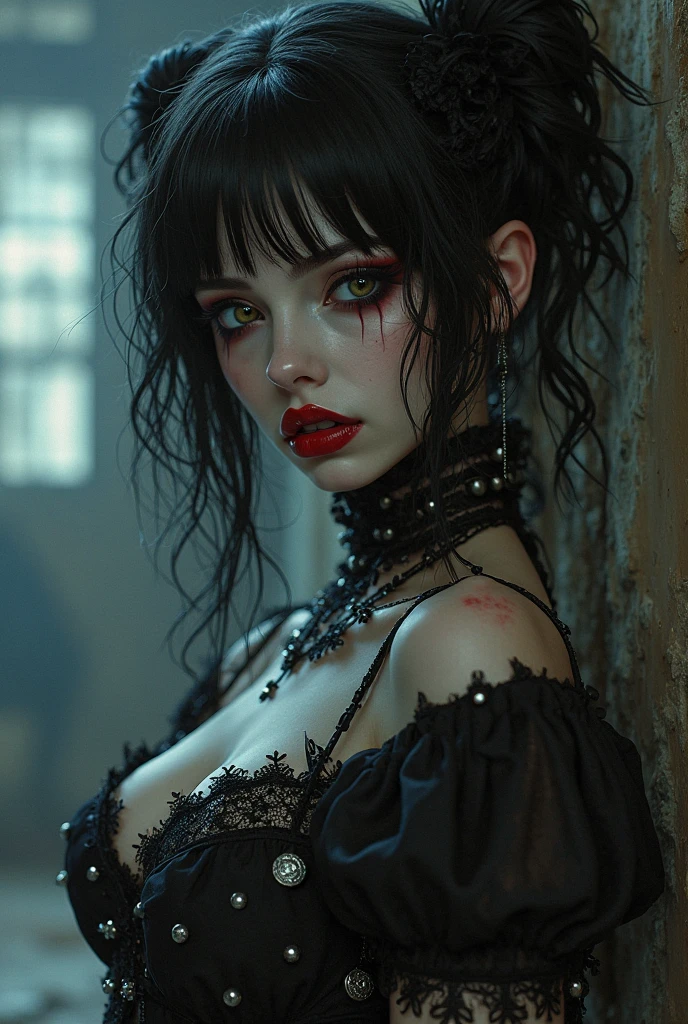 gothic punk girl, sexually aroused, provocative pose, lust expression, erotic gaze, skinny, small, huge tits
