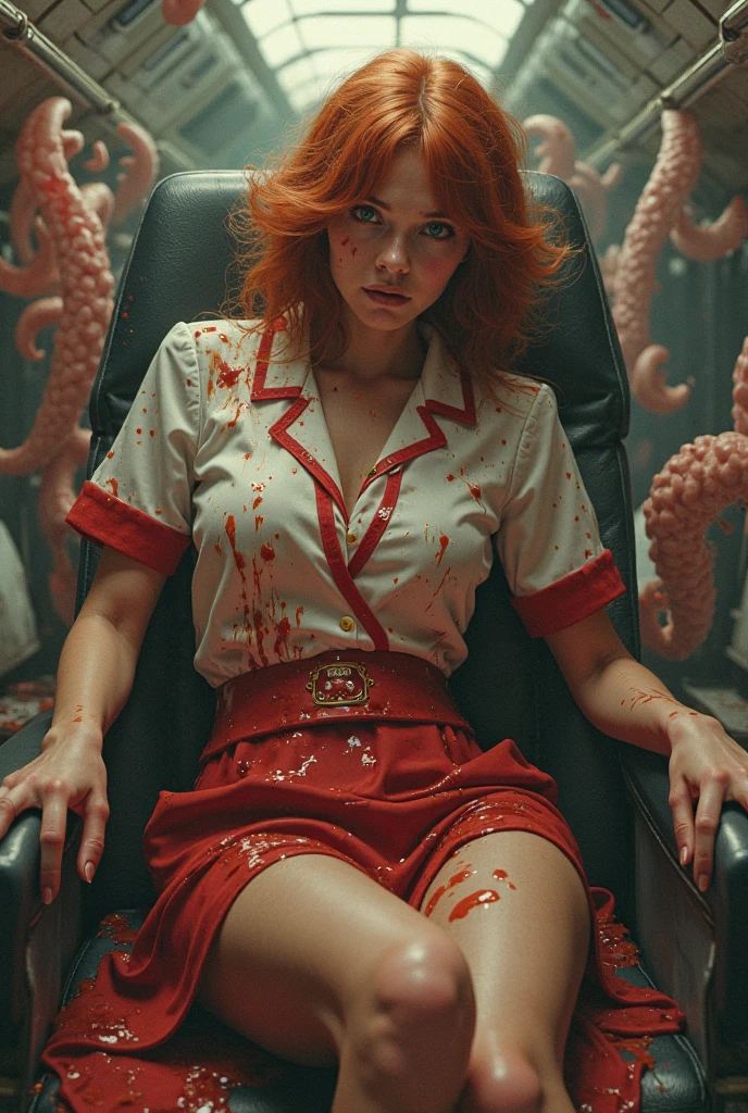 a woman with orange hair, blue eyes light skin carries a bet, pregnant and next to her should be peach, and she should be dressed in red she should hold a gun and there should be some blood on it