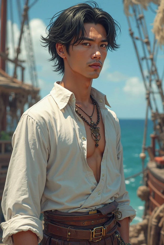 High resolution、Delicate depiction、8k、Realistic、(((Realistic)))、Really、Realistic depiction、photograph、Cinematic、Young people、26 talents、Muscular、Toned body、Upper body naked、Black Hair Semi-Long、Ten-gallon hat and goggles、The chin strap is tied together with a small skull accessory.、(((Large round orange jade necklace)))、Bust Shot、On the boat、flame on palm