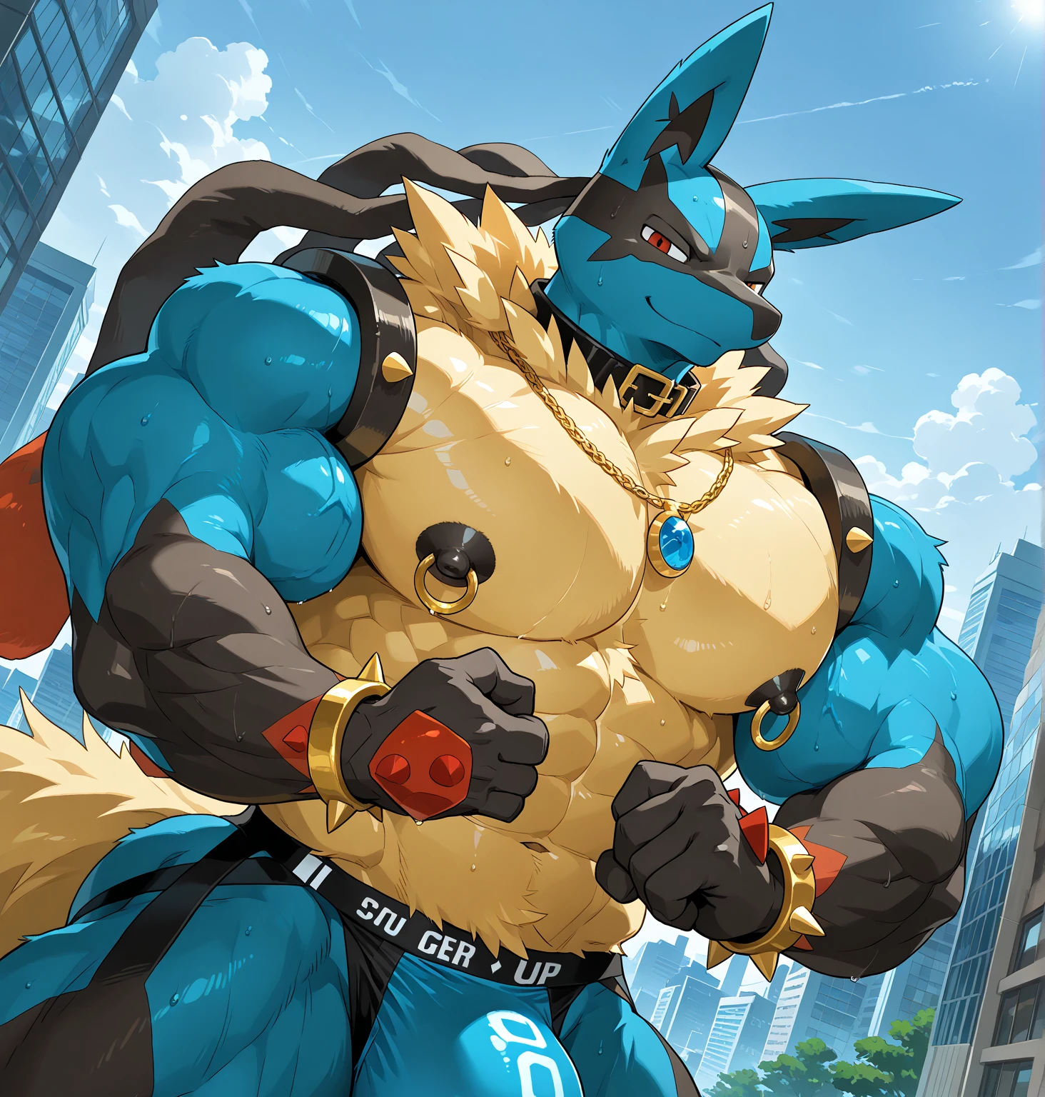 Giant Anthropomorphic Jolteon Pokemon Man, Purple Eyes, Muscular, Looming over the viewer, Tired, Handsome, Charming, View from below, Daddy, Bara, Horny, Flirty, Older Brother, Four toed feet, teasy, teasing the viewer, Macro, Bully, Jock, flirting with tiny viewer, Floral Swimshorts