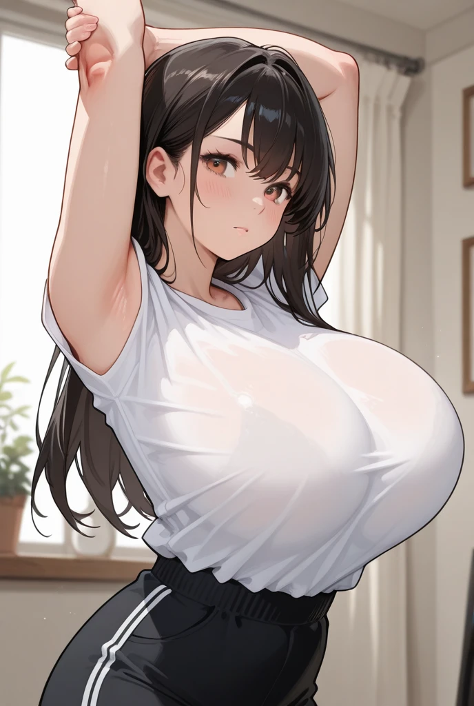 absurdres, 1girl, fair skin, female, long brown hair, brown hair, brown eyes, large breasts++, massive breast++, wide hips++, cleavage, house, inside house+, white t shirt++,white loose t-shirt++, baggy t shirt, lacy panties, panties, looking at viewer, from above, breast focus, happy, ((hand behind++)), masterpiece+++