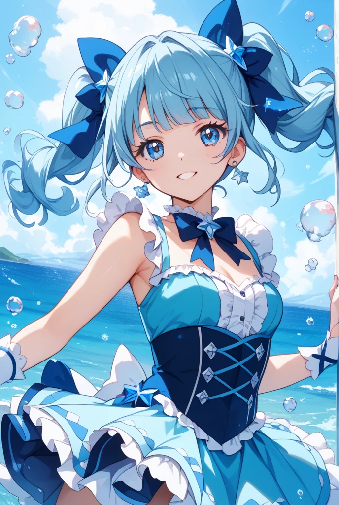 MikaPikazo style,  portrait, (solo), (tan:1), day time,young girl, short, medium breasts, medium hair ,(Blue hair) wavy hair, ,  ,Aqua Blue frilly dress, Light Green stockings, looking at viewer, smirk,bridge, high up, over water, railing, expansive view highly detailed background, ultra detailed illustration, masterpiece, best quality
