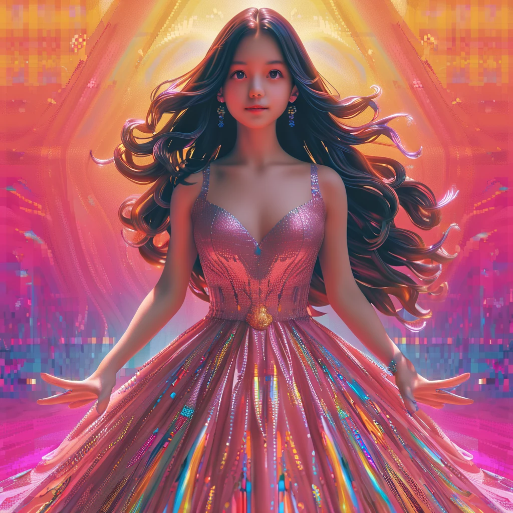 The perfect masterpiece,Highest quality,Perfect artwork,Super detailed,8K,
(Face Close-up:1.5),(Portrait Close-up:1.5),Upper Body Lens,(front portrait:1.5),Delicate face,
Angel Girl,(an indifferent expression:1.5),Bizarre glowing transparent eyes,Magical transparent eyes,Star Eyes,white hair,Love symbol on the face,Attack posture,(Holographic Phantom Background:1.2),(symmetrical composition:1.5),
Digital Art,plane illustrations,colorful illustration,minimalist style,