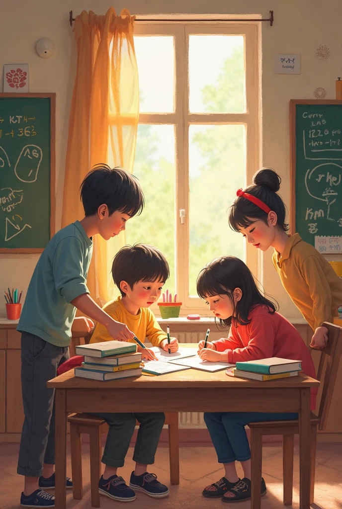 Two boys and a girl preparing for wxam landscape 
