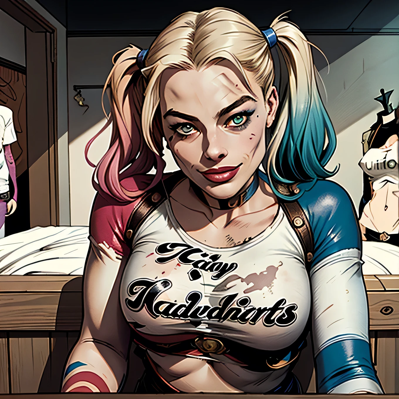 ((best quality)), ((masterpiece)), ((savvy)), (HD), (accurate), (realistic), (movie), (best shadow), Low Contrast, Side Lighting, (complicated:1.4), (( Margot Robbie)), (Harley Quinn), perfect face、8k、(accurate手と指の描写)、( plump body)、(T-shirt), big breasts、 Slim waist、glamorous、 Checkpoint 、Tattoo、(pudding tattoo on chest)、((A gentle smile)), Gotham City Backstreet、in front of the fitting room、from head to toe, comic style, Panel layout, (front below:1.3), ((point of view from directly below the front:1.2))