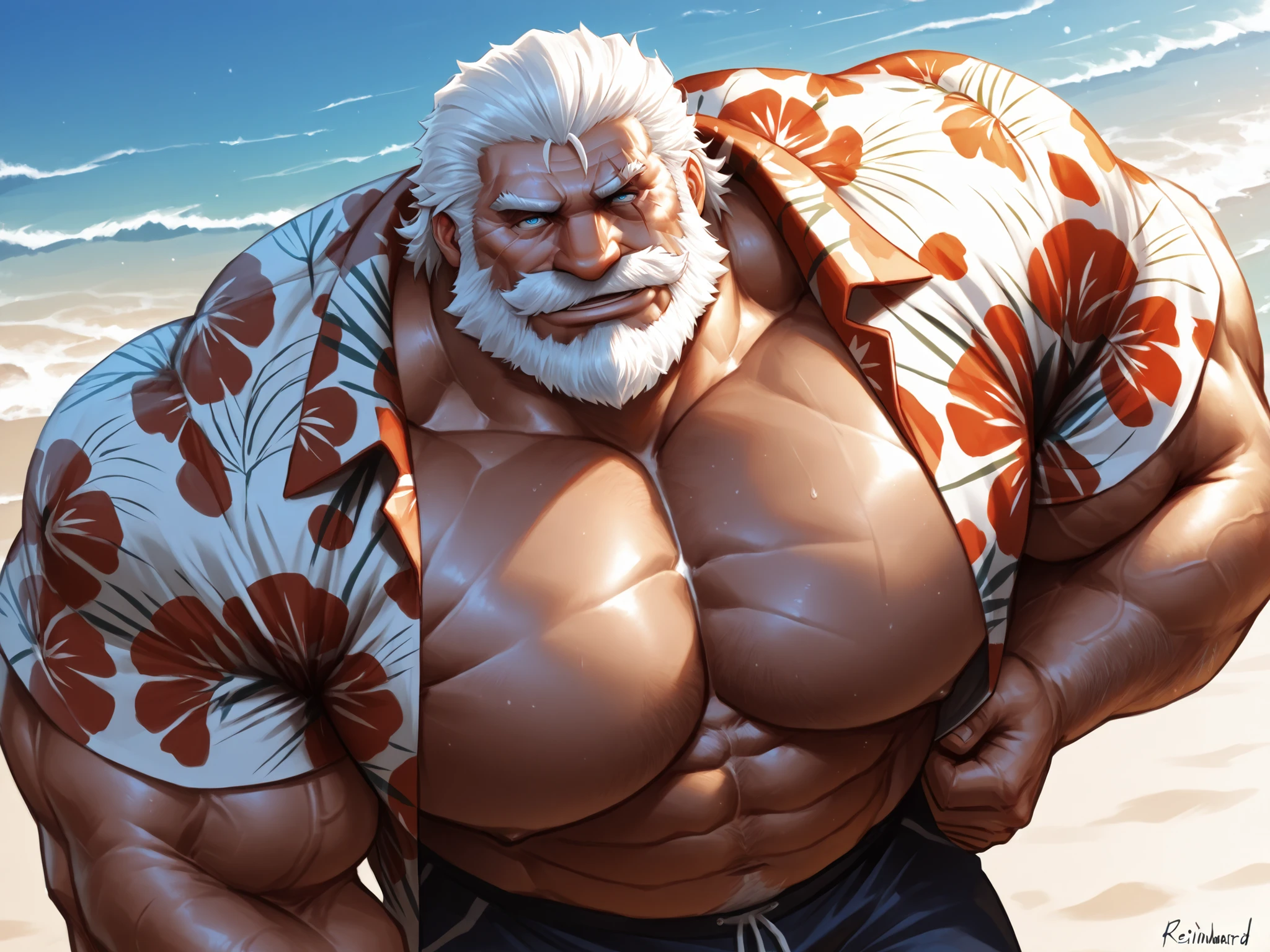 solo, huge muscular old man, beach, (reinhardt:1.2, SCAR ACROSS EYE, SCAR, BEARD, FACIAL HAIR, SCAR ON FACE, OLD MAN, WHITE HAIR, MUSTACHE), hawaiian shirt, happy, side chest, Stand slightly sideways, side angel, shirtless, very huge pectoral, shorts, detailed face:1.3, eyes, wide shoulder, thick arms, wide pectoral, muscle, short hair:1.2, masterpiece:1.2, semirealistic:1.2, high detailed, 8k, high resolution