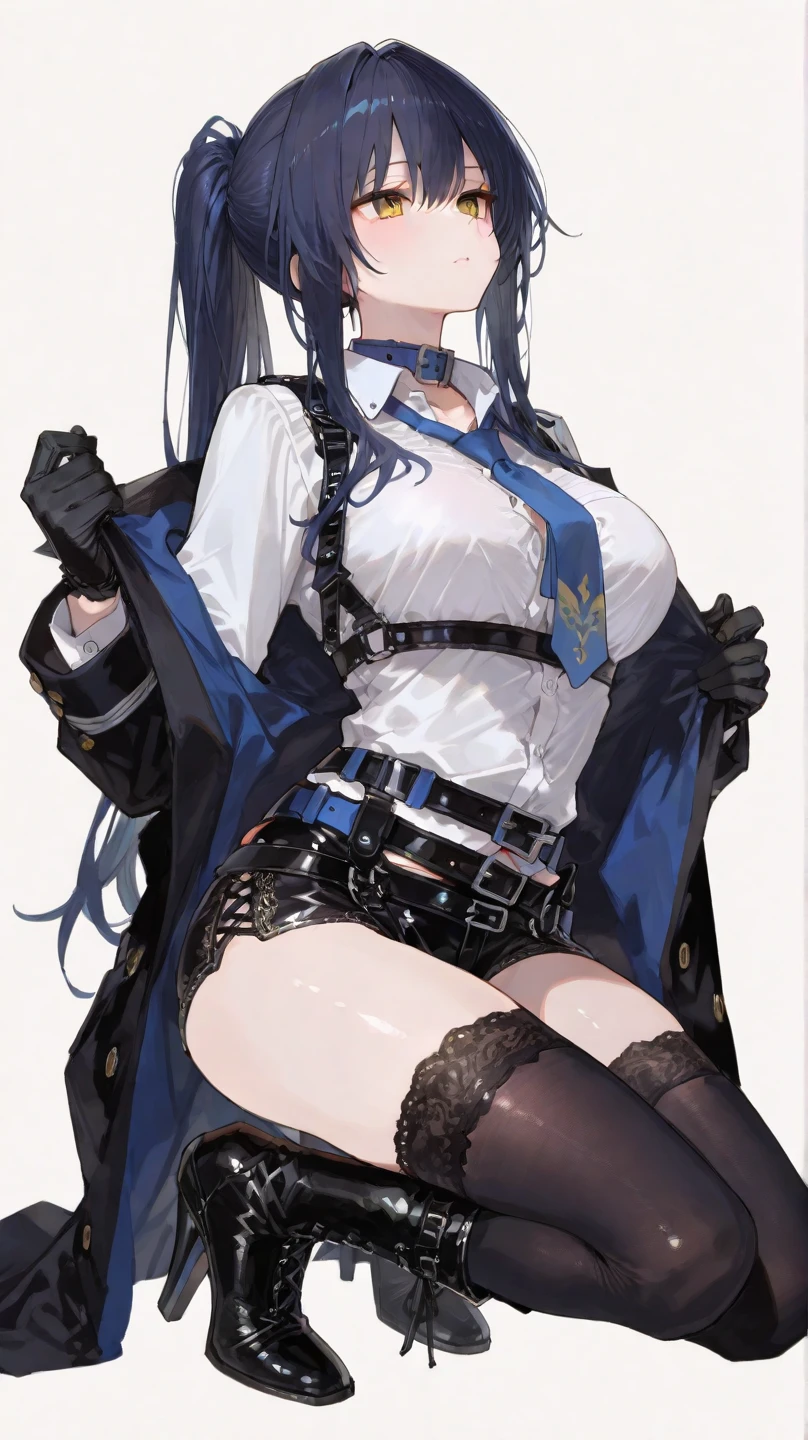1girl, solo, Laura S. Arseid (long dark blue hair, ponytail and side Bang, small boobs), (inspired by trails of cold steel) in a school dress showing off her panties, in a military school, embarrassed