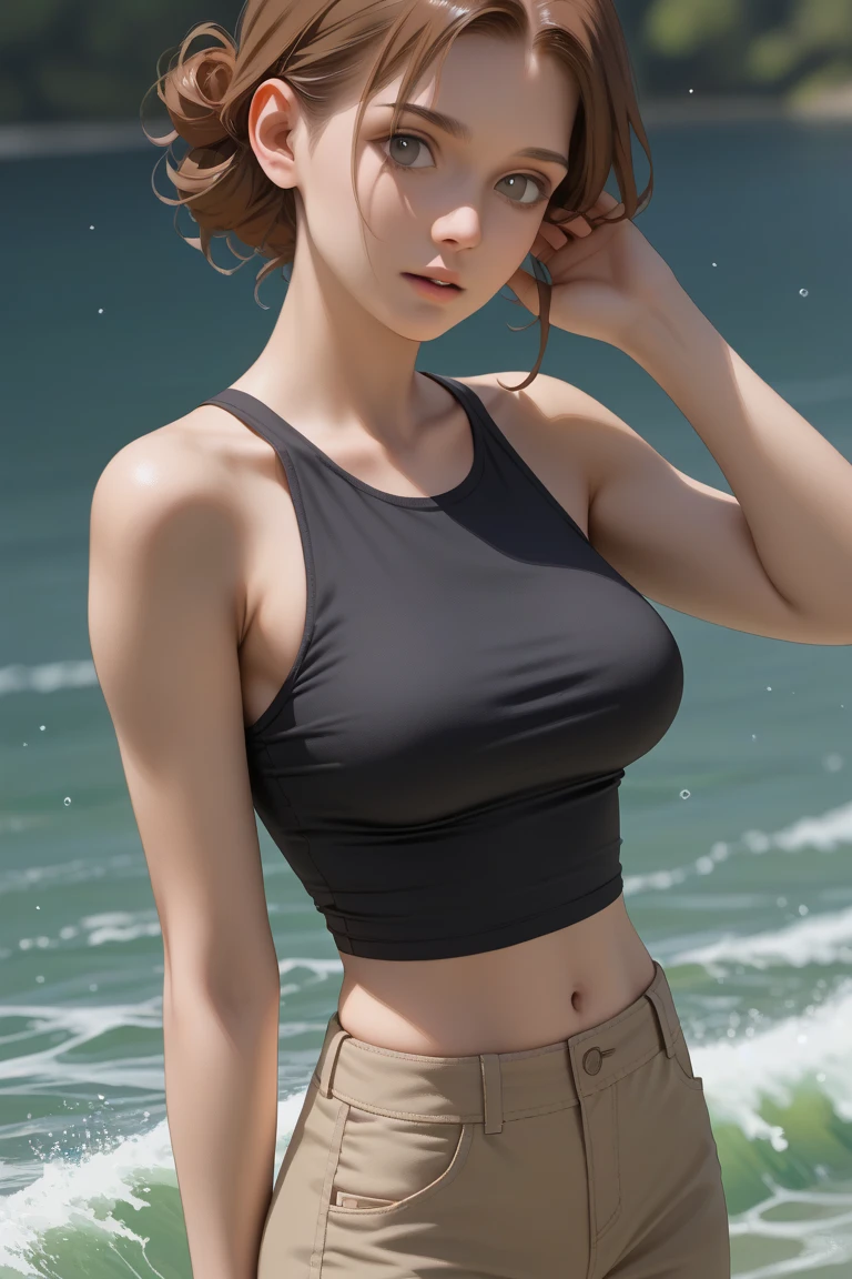 ((Top Quality, 8K, masterpiece :1.3)), 1woman, pretty woman with slender abs :1.3, (Medium short hair, large full breasts :1.2), cardigan :1.1, Ultra-detailed face, detailled eyes, Double eyelidd, ((Top Quality, 8K, masterpiece :1.3)), 1girll, Sorrisos, Let more than half of the body come out, Slim Faces, a pretty woman, (Dark-brown hair), highly detailed face, Detailed Eyes, Double eyelidd,Cool backgrounds, Slim Faces, Gold hair color, bobbed black hair, Volleyball player,prety, sexy thighs,Tight-fitting uniforms, She sweats, Surprised expression, She wore only panties,More than half of the chest is visible, Underbop Tank Top, Gold-haired, Pretty breasts,((Best Quality)), ((Masterpiece)), ((realisitic)), Grey table, vegetation, Blood-red lip and glossy finish, absurd res, (A MILF:1.2), mature woman, femele,Bright studio lighting, Bloom, volumetric light, sunlights, Black trim, Spread your legs apart, 1Girl, (dolphin shorts:1.2), Long shirt, red shorts, Delicate eyes, long eyeslashes,eye make up, Seductive eyes,((Blonde hair, long curly hair)),BREAK Fantastic Colorful, the ocean ,Coconut Tree, blue sky with clouds, (Seafront:1.3) ,(Masterpiece:1.2), Ultra-detailed,(Best Quality), Illustration, (Depth of field),