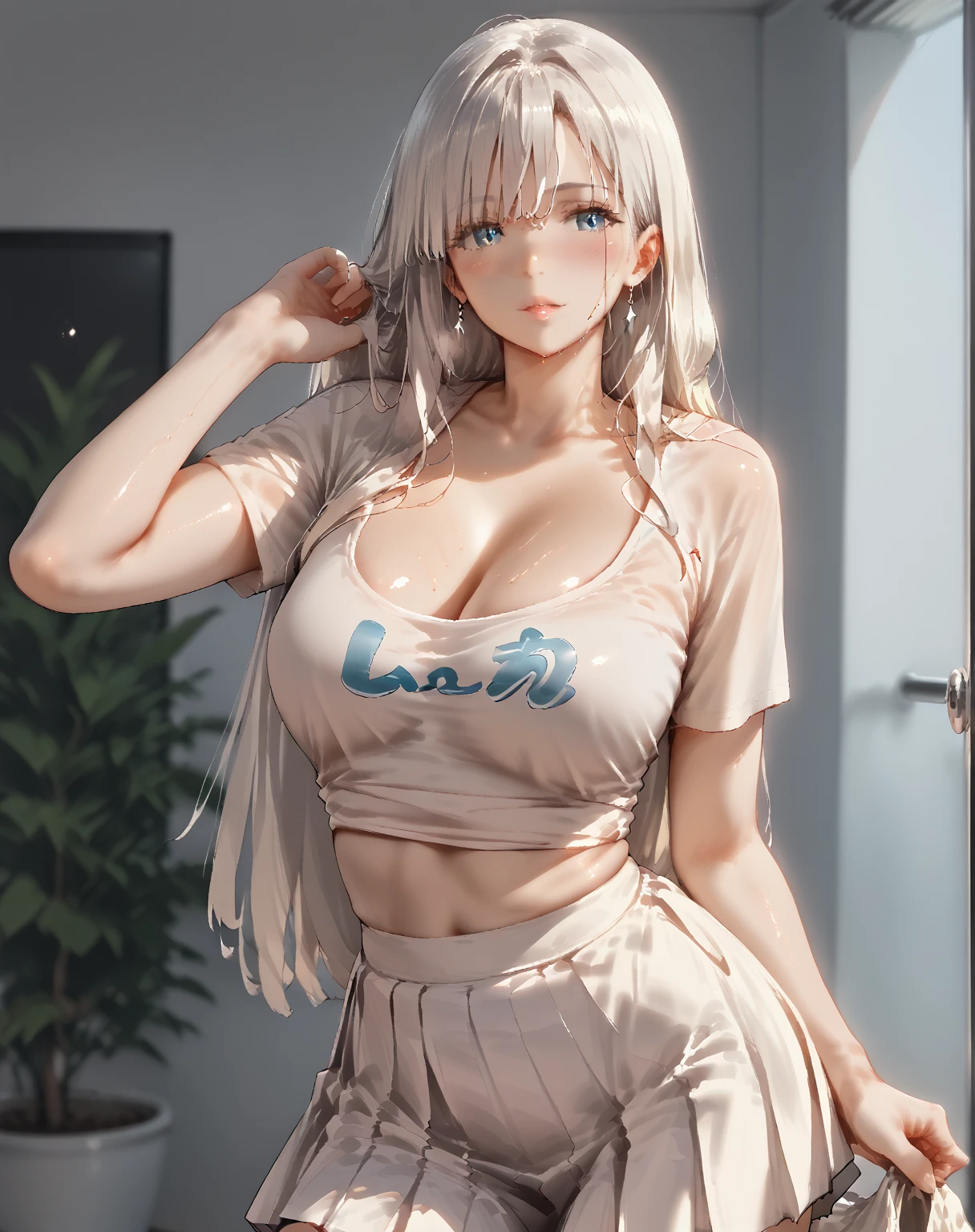 in daytime office, 1girl, (gyaru), silver pony tail hair, normal face, white tanktop shirt, (large breasts), navel, shorts,