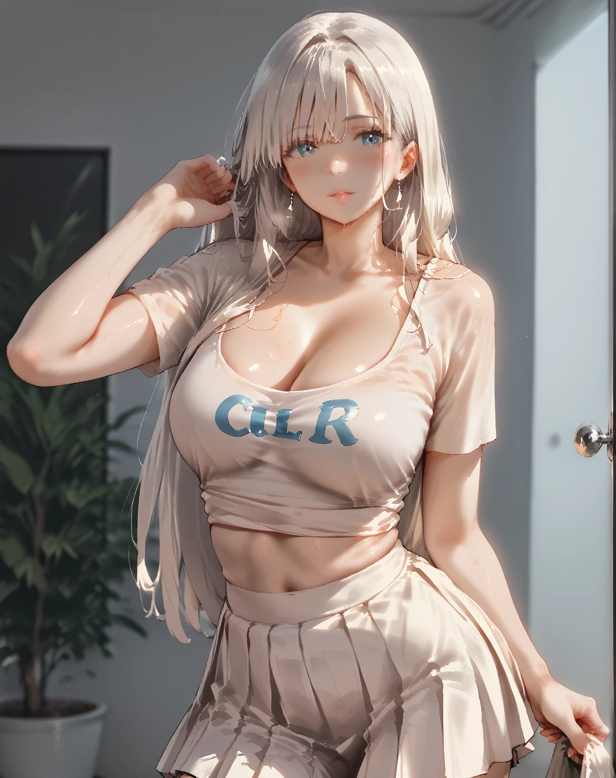 Glass-colored semi-transparent knotted short sleeves,Plump thighs,Open crotch denim shorts,Spiral long hair,Leg decoration,Hair is soaked,Tattoo on abdomen,sunglasses,One leg