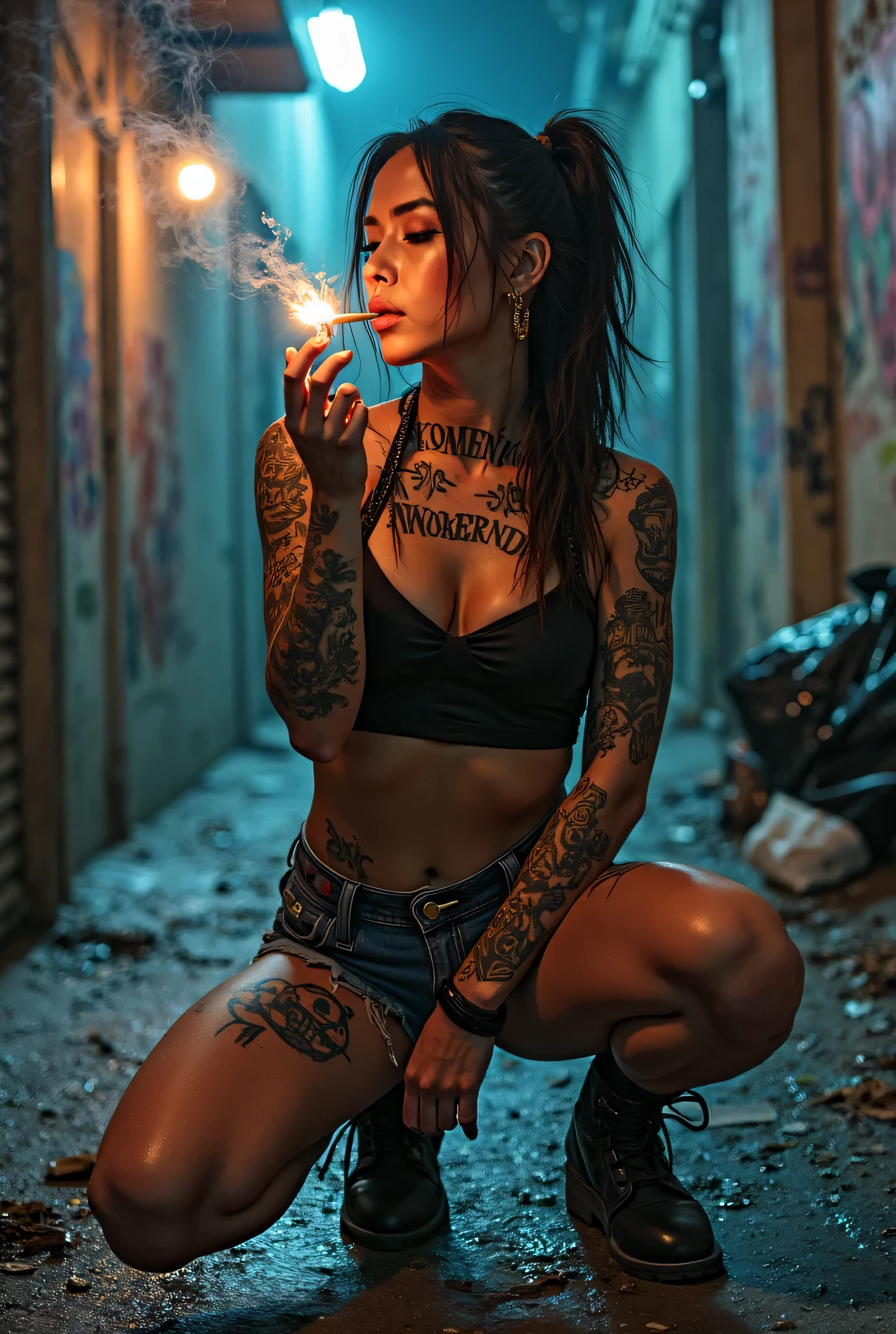 Dramatic and edgy portrait photograph featuring a woman with a serious expression lying on the floor. She has light skin and dark hair, with intricate tattoos covering her neck, chest, and parts of her face. Her facial features are sharp, with high cheekbones and full lips. She is holding a cigarette on her fingers to her lips, and her nails are painted dark red. A yellow caution tape with the word 'CAUTION' in bold black letters repeatedly printed on it is placed horizontally across her eyes covering them, adding a sense of mystery and danger to the image. The background is smoky, keeping the focus on the subject.